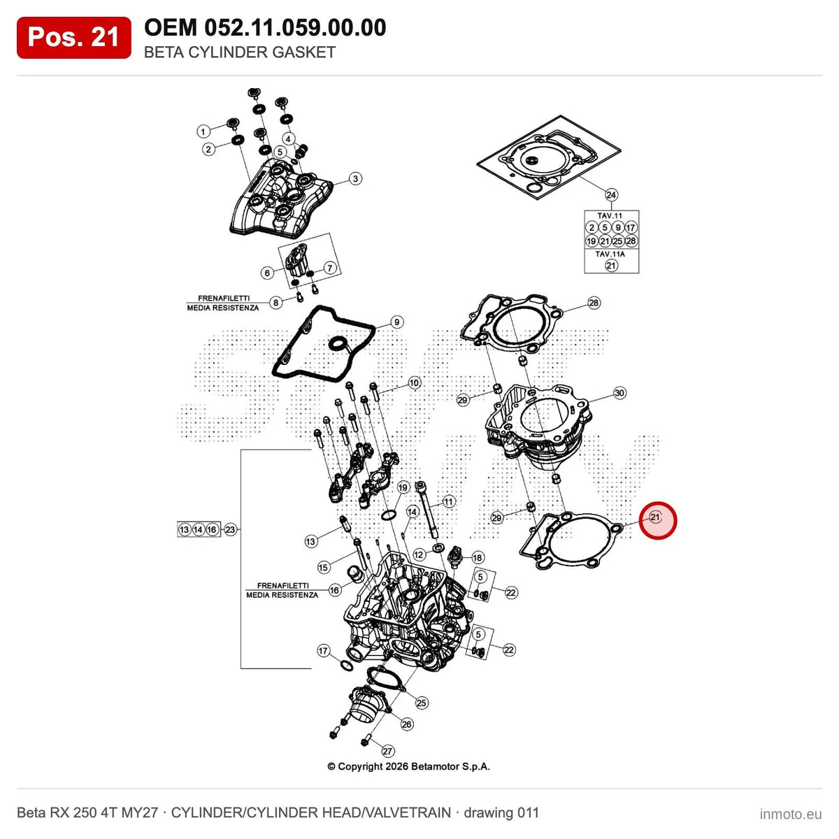 BETA CYLINDER GASKET – OEM 052.11.059.00.00, position 21 on the Beta RX 250 4T MY27 cylinder/cylinder head/valvetrain drawing