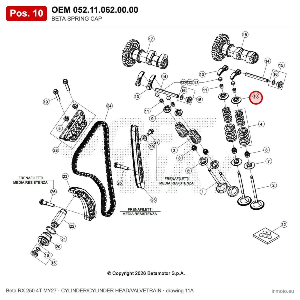 BETA SPRING CAP – OEM 052.11.062.00.00, position 10 on the Beta RX 250 4T MY27 cylinder/cylinder head/valvetrain drawing