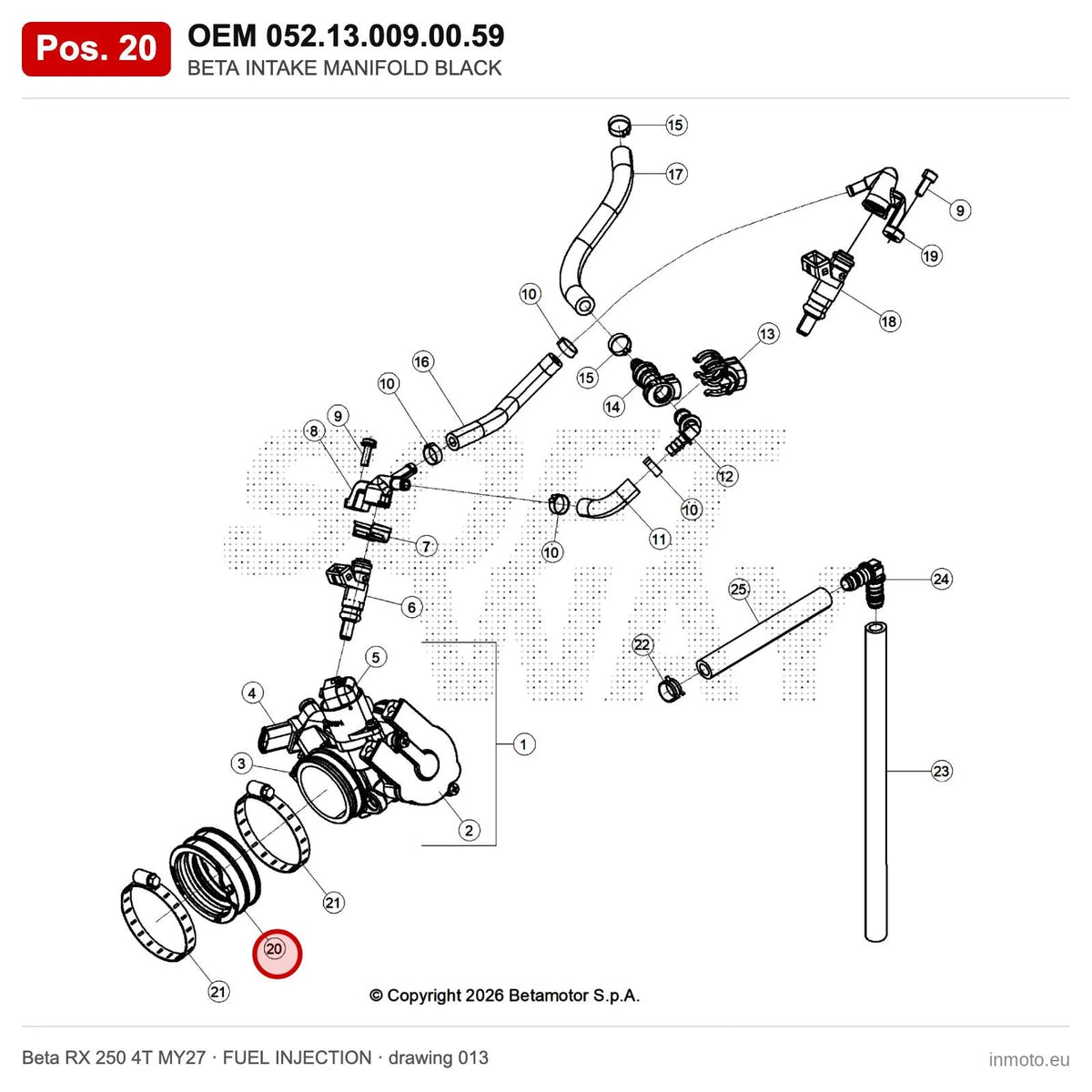 BETA INTAKE MANIFOLD BLACK – OEM 052.13.009.00.59, position 20 on the Beta RX 250 4T MY27 fuel injection drawing