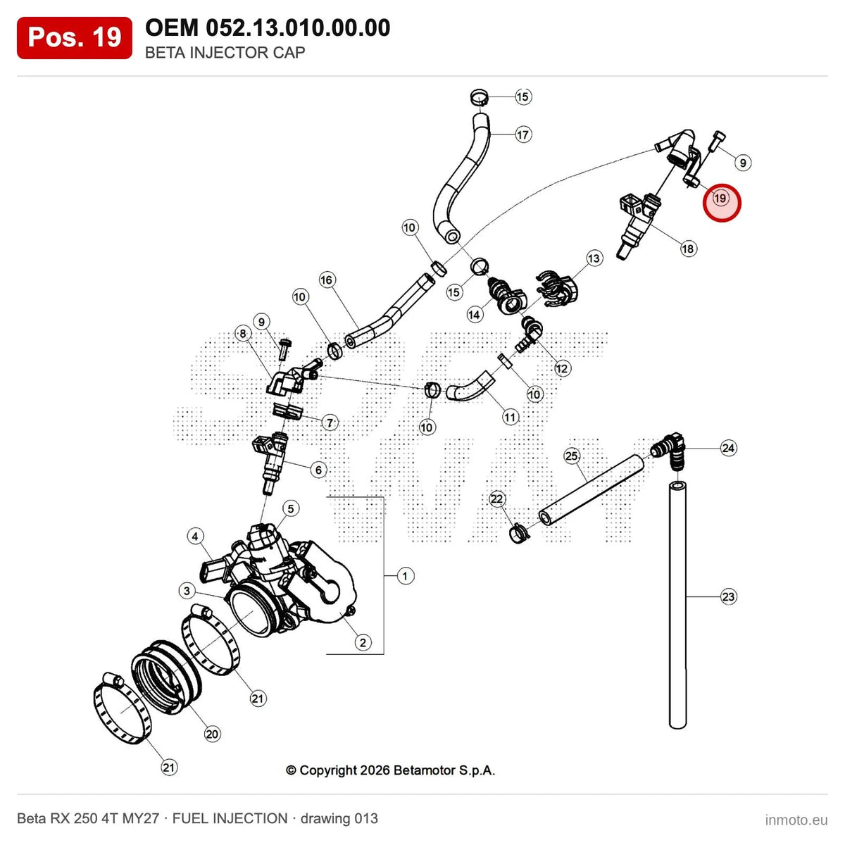 BETA INJECTOR CAP – OEM 052.13.010.00.00, position 19 on the Beta RX 250 4T MY27 fuel injection drawing