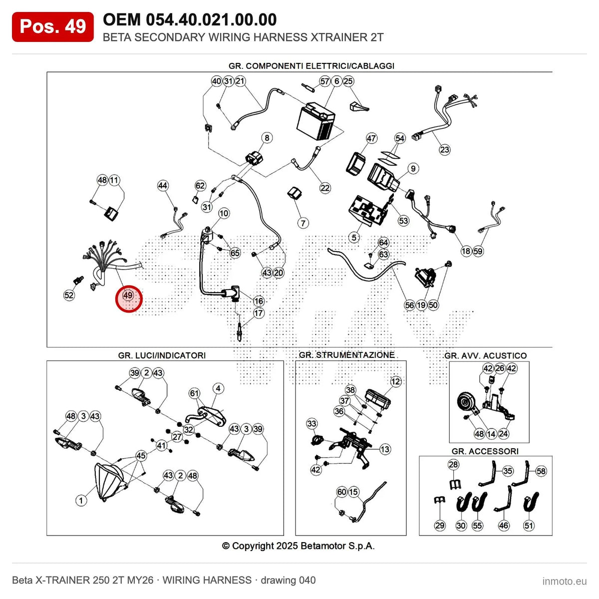 BETA SECONDARY WIRING HARNESS XTRAINER 2T – OEM 054.40.021.00.00, position 49 on the Beta X-TRAINER 250 2T MY26 wiring harness drawing
