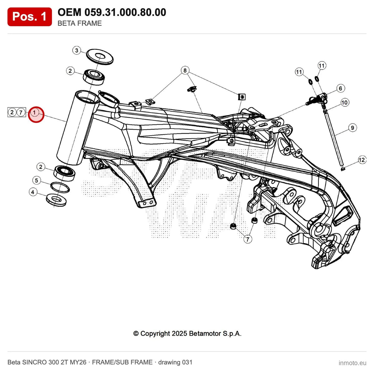 BETA FRAME – OEM 059.31.000.80.00, position 1 on the Beta SINCRO 300 2T MY26 frame/sub frame drawing