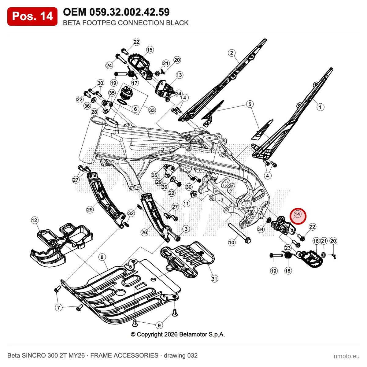 BETA FOOTPEG CONNECTION BLACK – OEM 059.32.002.42.59, position 14 on the Beta SINCRO 300 2T MY26 frame accessories drawing