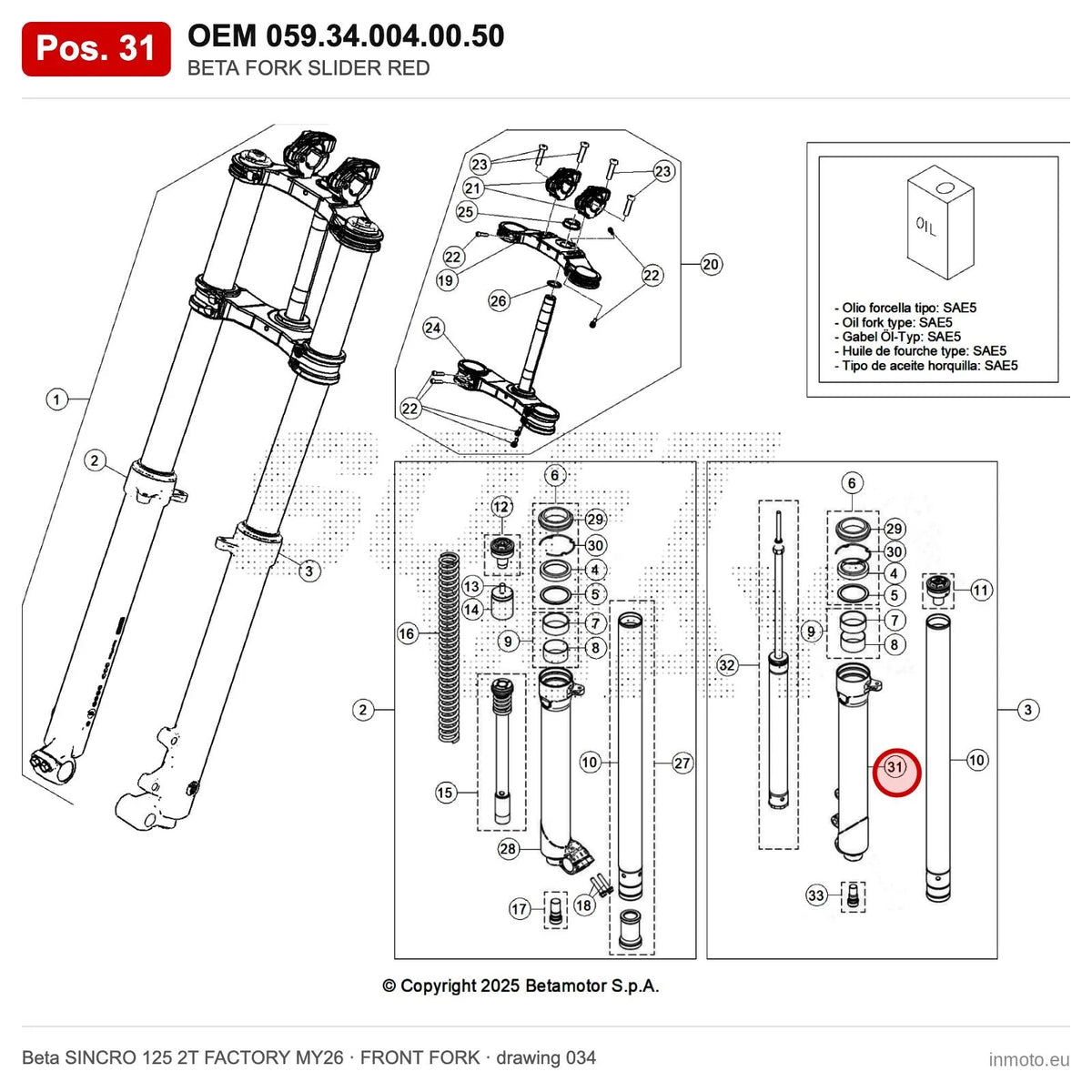 BETA FORK SLIDER RED – OEM 059.34.004.00.50, position 31 on the Beta SINCRO 125 2T FACTORY MY26 front fork drawing