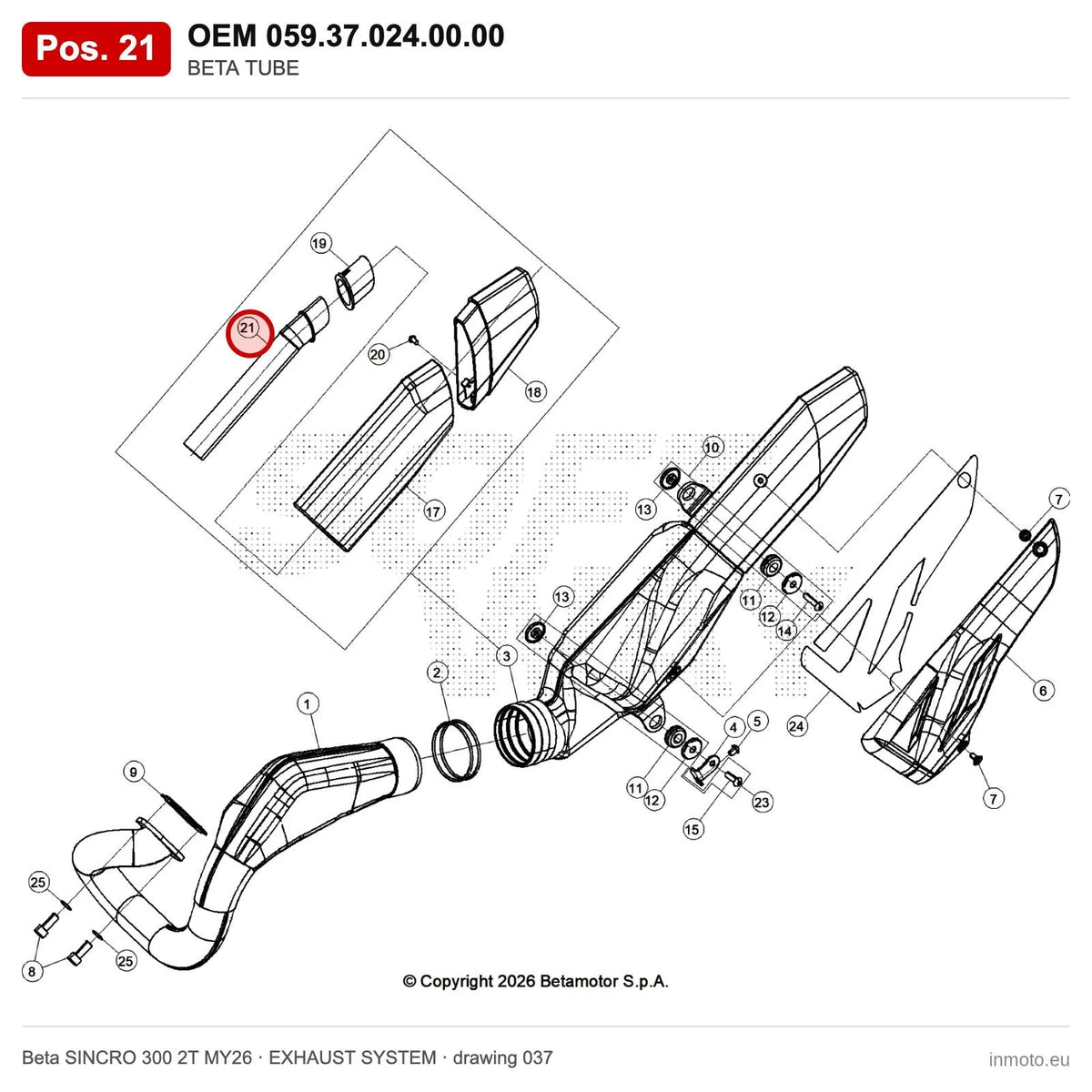 BETA TUBE – OEM 059.37.024.00.00, position 21 on the Beta SINCRO 300 2T MY26 exhaust system drawing