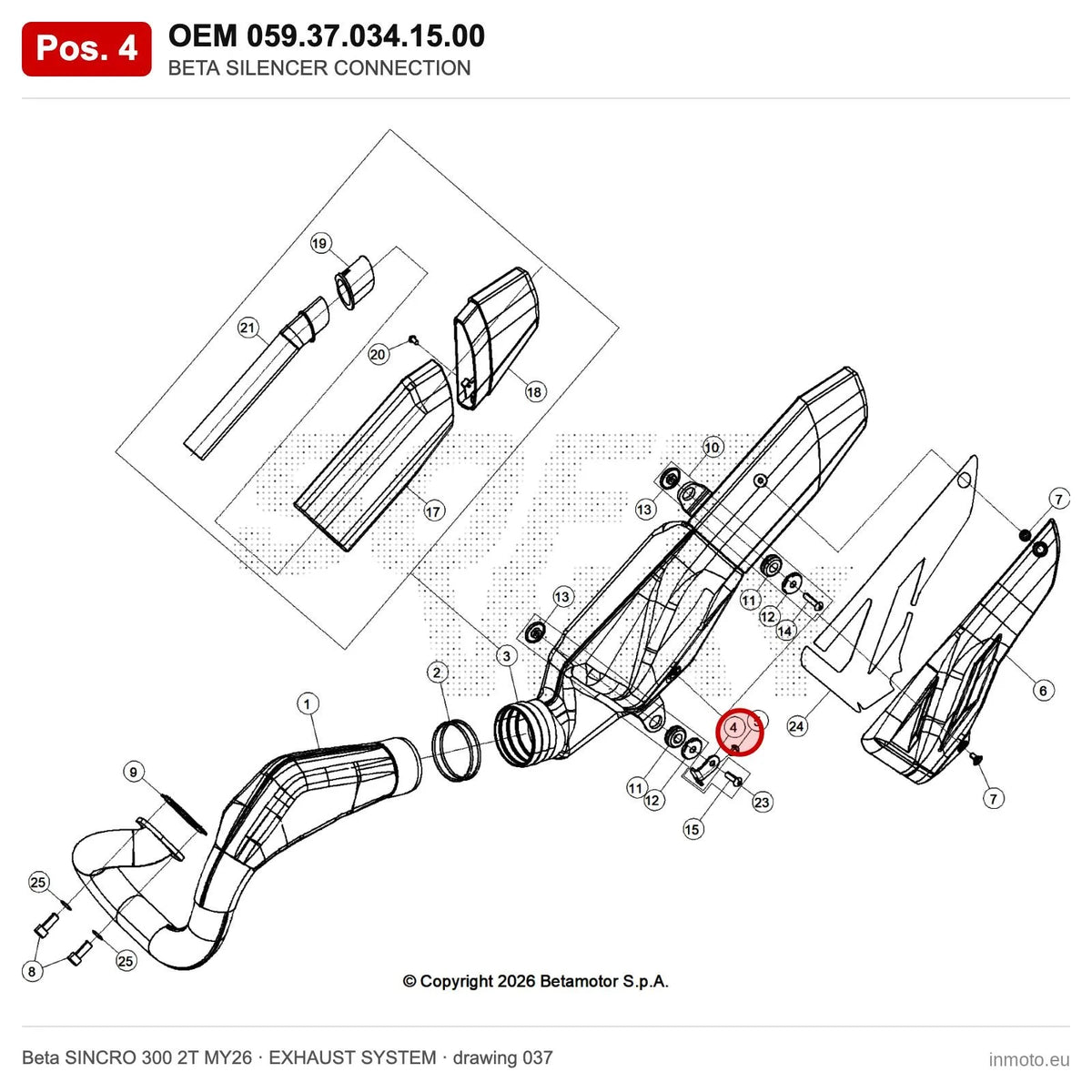 BETA SILENCER CONNECTION – OEM 059.37.034.15.00, position 4 on the Beta SINCRO 300 2T MY26 exhaust system drawing