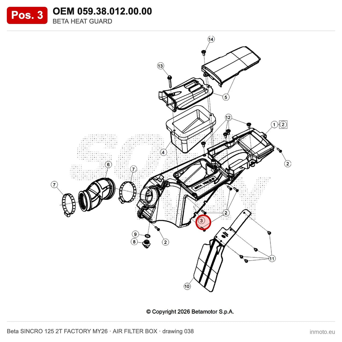 BETA HEAT GUARD – OEM 059.38.012.00.00, position 3 on the Beta SINCRO 125 2T FACTORY MY26 air filter box drawing