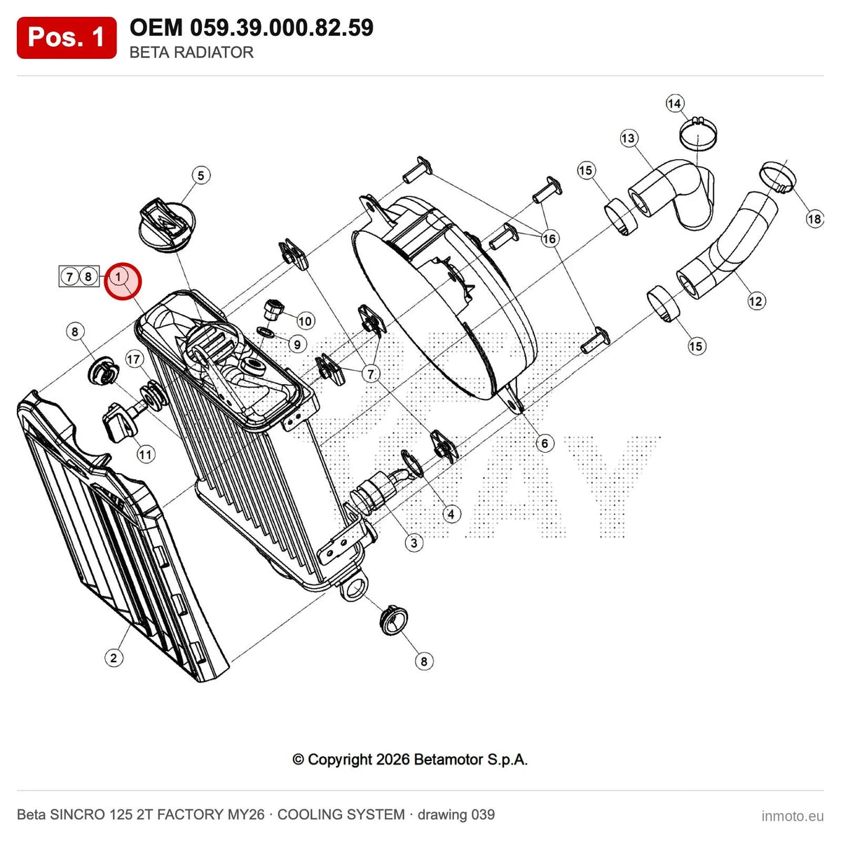 BETA RADIATOR – OEM 059.39.000.82.59, position 1 on the Beta SINCRO 125 2T FACTORY MY26 cooling system drawing