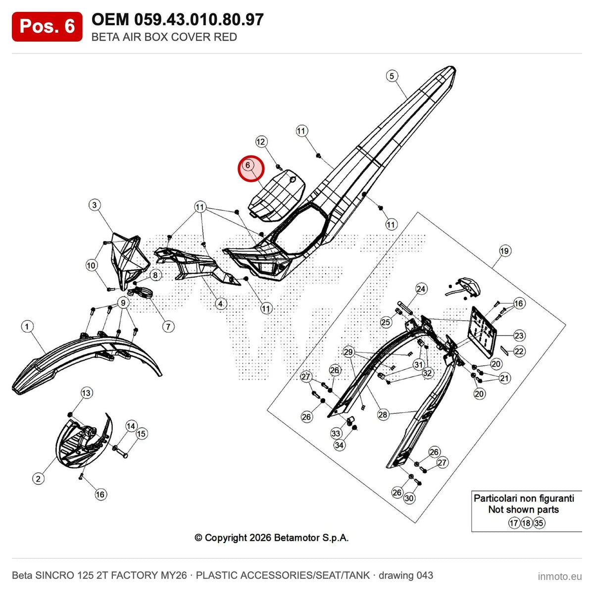 BETA AIR BOX COVER RED – OEM 059.43.010.80.97, position 6 on the Beta SINCRO 125 2T FACTORY MY26 plastic accessories/seat/tank drawing
