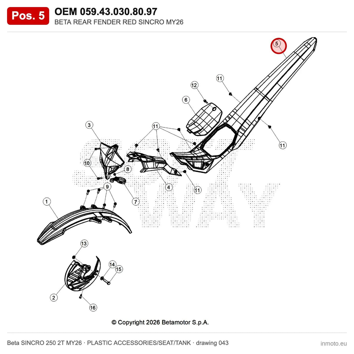 BETA REAR FENDER RED SINCRO MY26 – OEM 059.43.030.80.97, position 5 on the Beta SINCRO 250 2T MY26 plastic accessories/seat/tank drawing