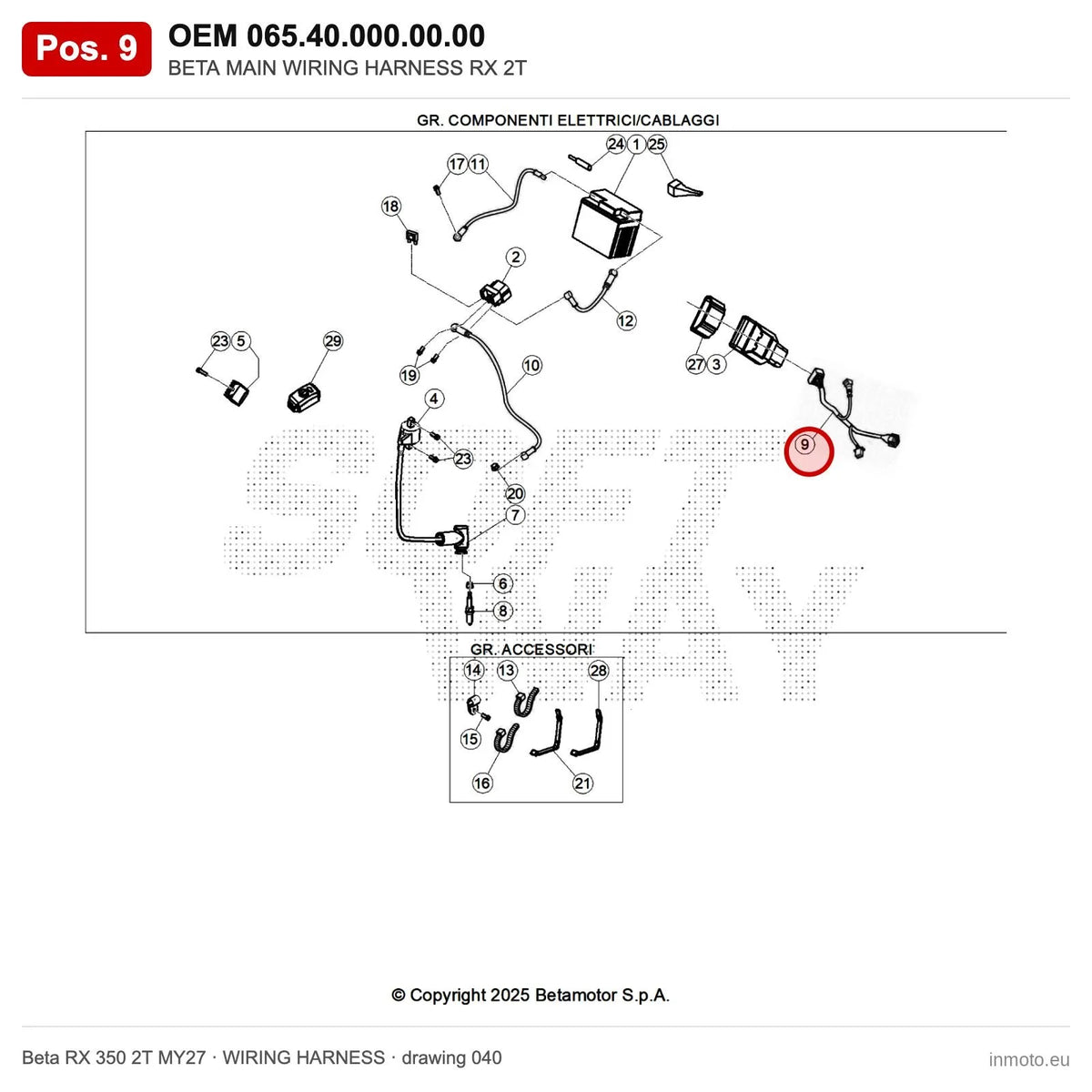 BETA MAIN WIRING HARNESS RX 2T – OEM 065.40.000.00.00, position 9 on the Beta RX 350 2T MY27 wiring harness drawing