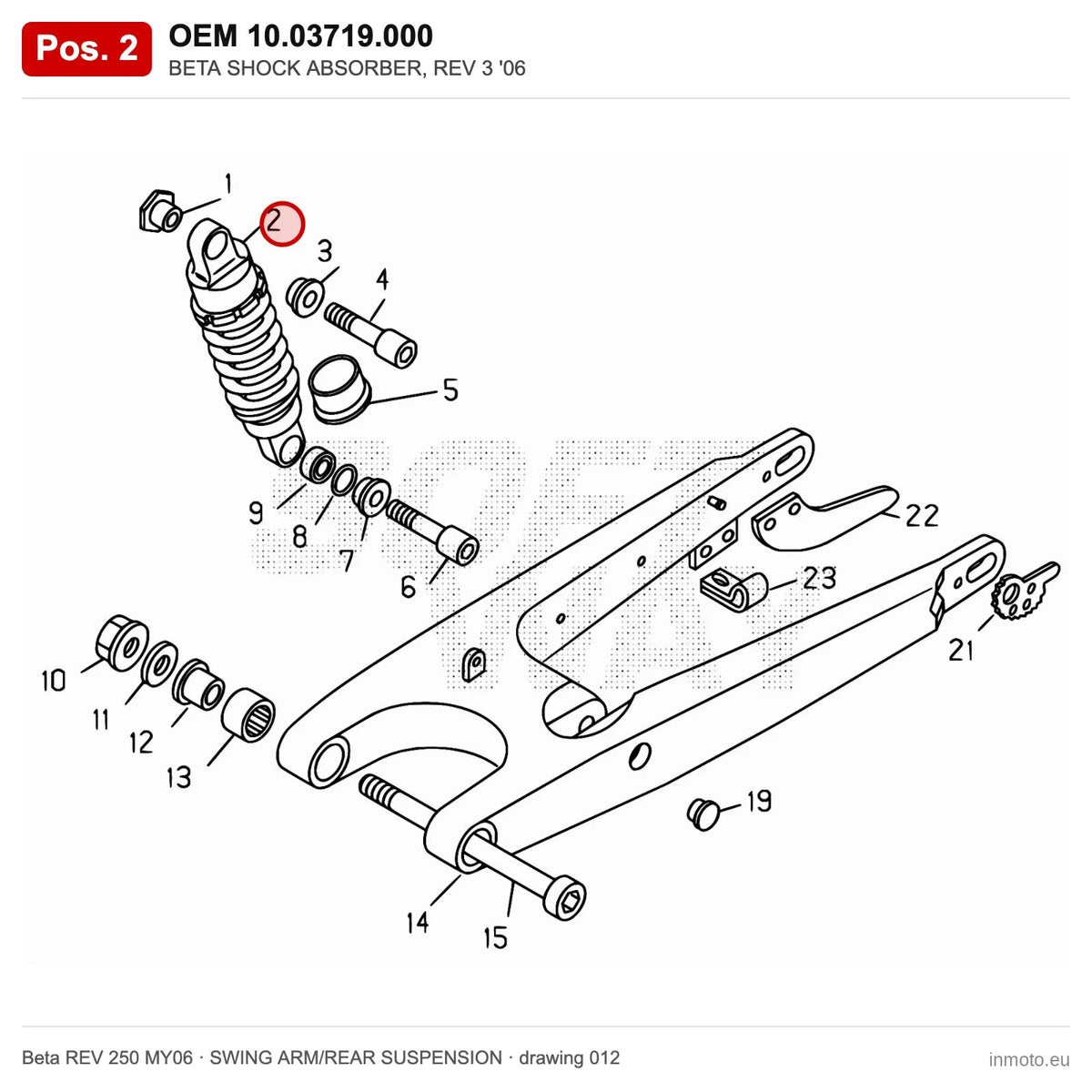 BETA SHOCK ABSORBER, REV 3 '06 – OEM 10.03719.000, position 2 on the Beta REV 250 MY06 swing arm/rear suspension drawing