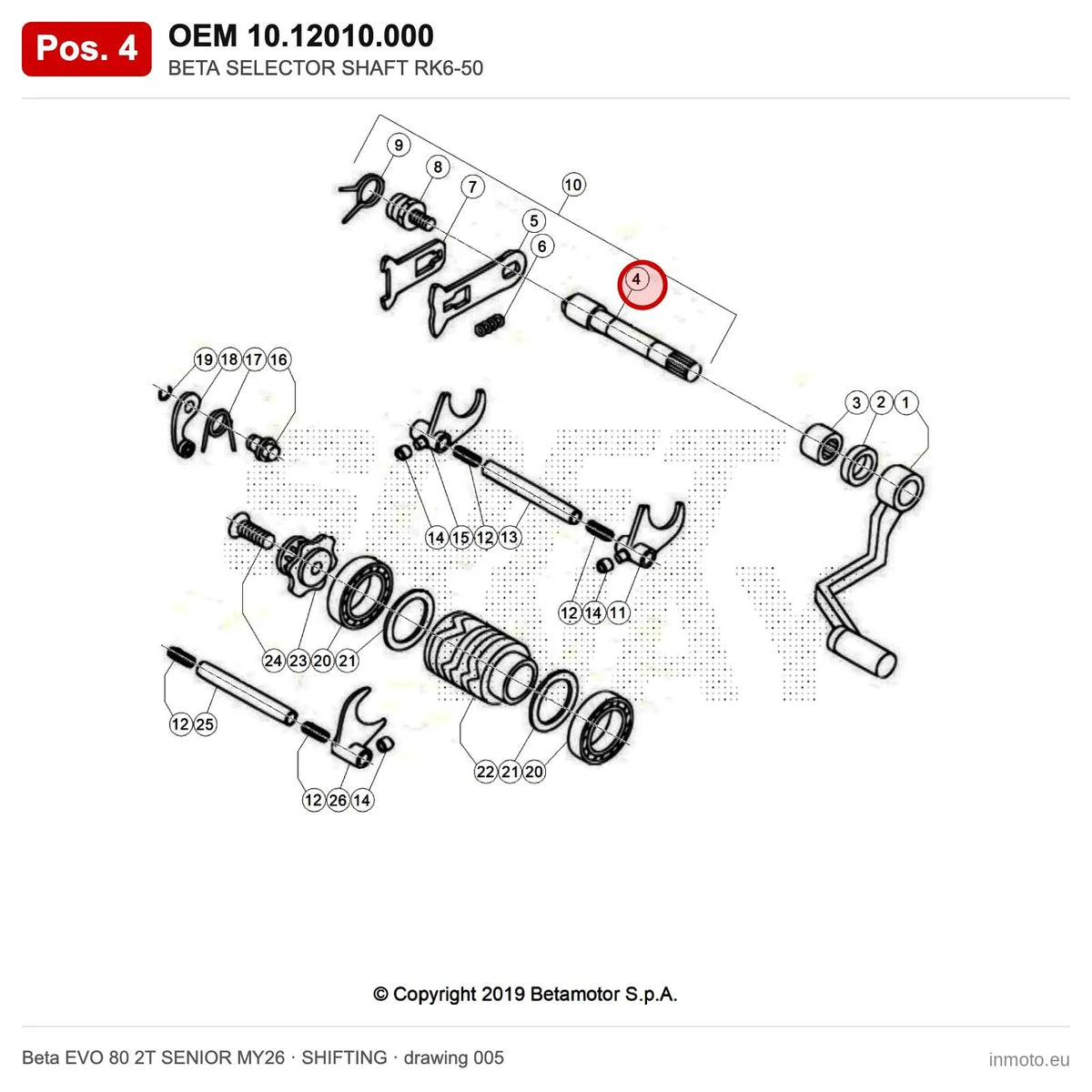 BETA SELECTOR SHAFT RK6-50 – OEM 10.12010.000, position 4 on the Beta EVO 80 2T SENIOR MY26 shifting drawing