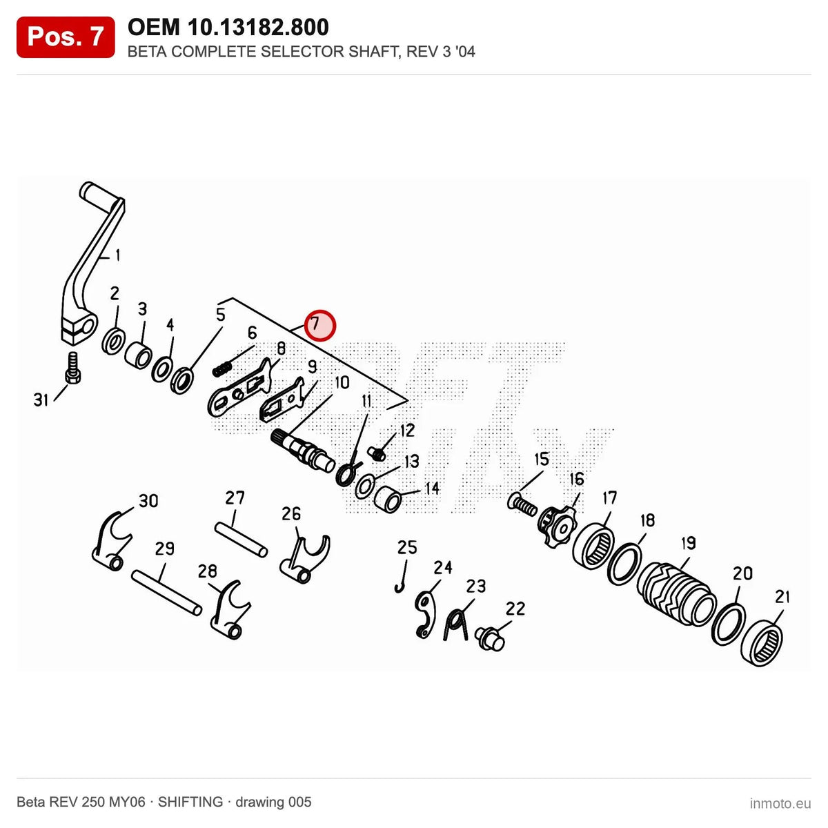 BETA COMPLETE SELECTOR SHAFT, REV 3 '04 – OEM 10.13182.800, position 7 on the Beta REV 250 MY06 shifting drawing