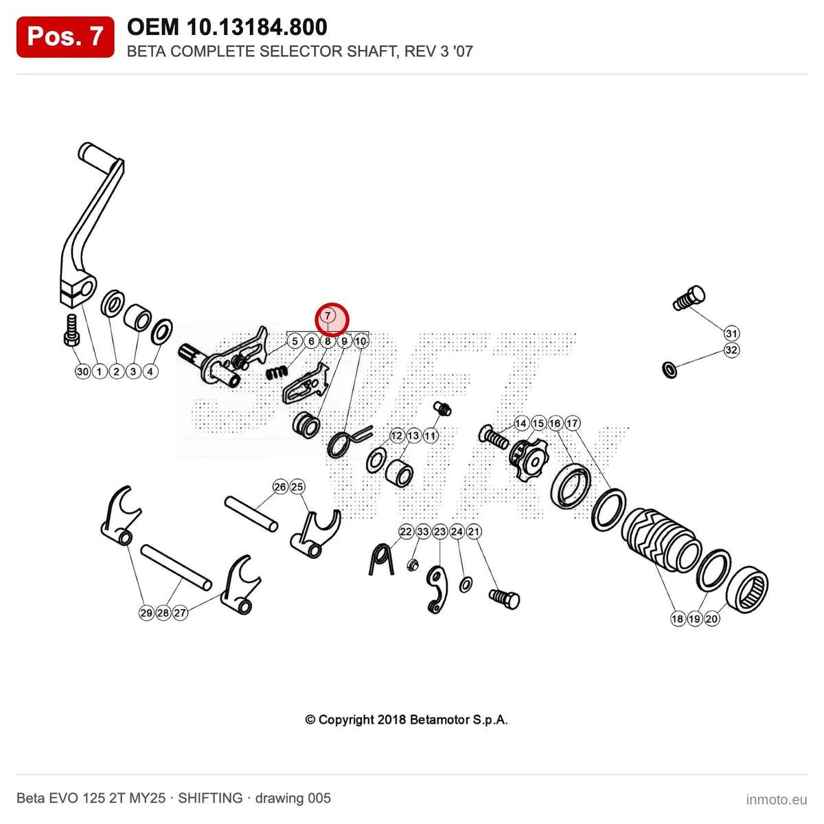 BETA COMPLETE SELECTOR SHAFT, REV 3 '07 – OEM 10.13184.800, position 7 on the Beta EVO 125 2T MY25 shifting drawing