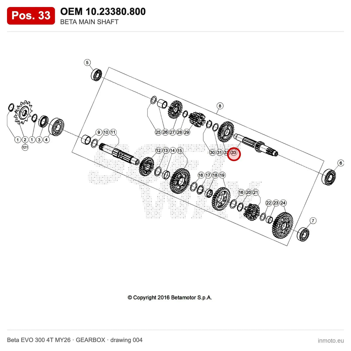BETA MAIN SHAFT – OEM 10.23380.800, position 33 on the Beta EVO 300 4T MY26 gearbox drawing