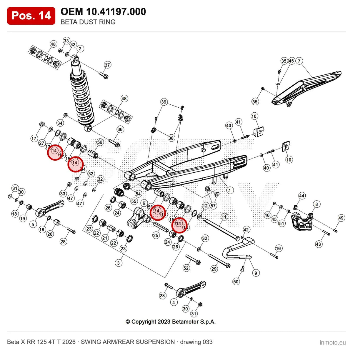 BETA DUST RING – OEM 10.41197.000, position 14 on the Beta X RR 125 4T T 2026 swing arm/rear suspension drawing