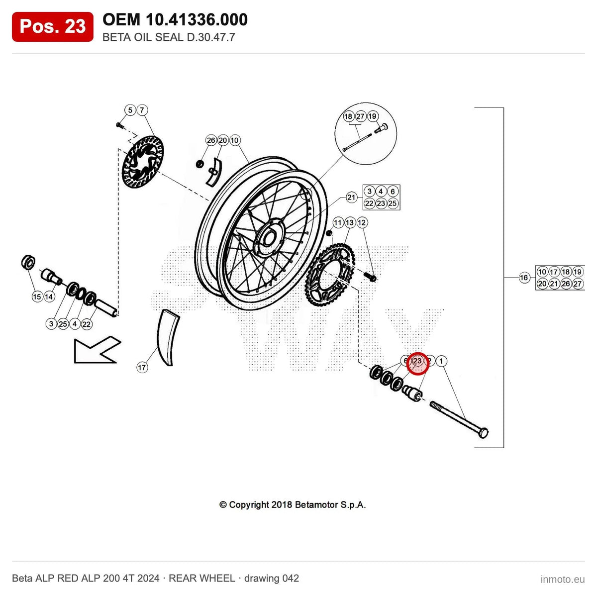 BETA OIL SEAL D.30.47.7 – OEM 10.41336.000, position 23 on the Beta ALP RED ALP 200 4T 2024 rear wheel drawing