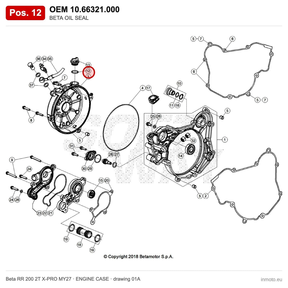 BETA OIL SEAL – OEM 10.66321.000, position 12 on the Beta RR 200 2T X-PRO MY27 engine case drawing