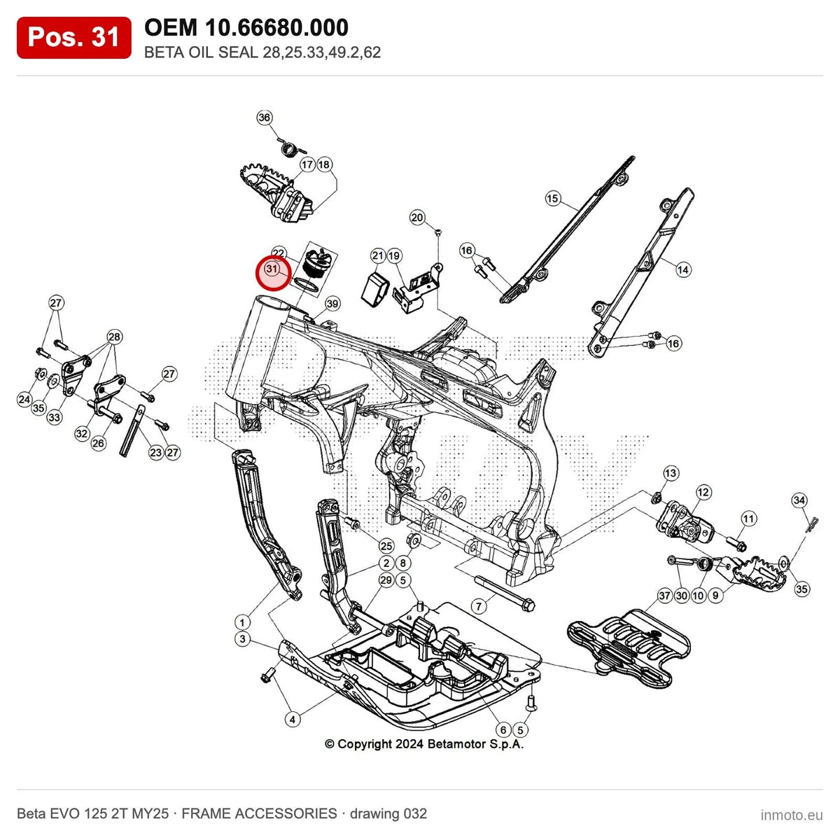 BETA OIL SEAL 28,25.33,49.2,62 – OEM 10.66680.000, position 31 on the Beta EVO 125 2T MY25 frame accessories drawing