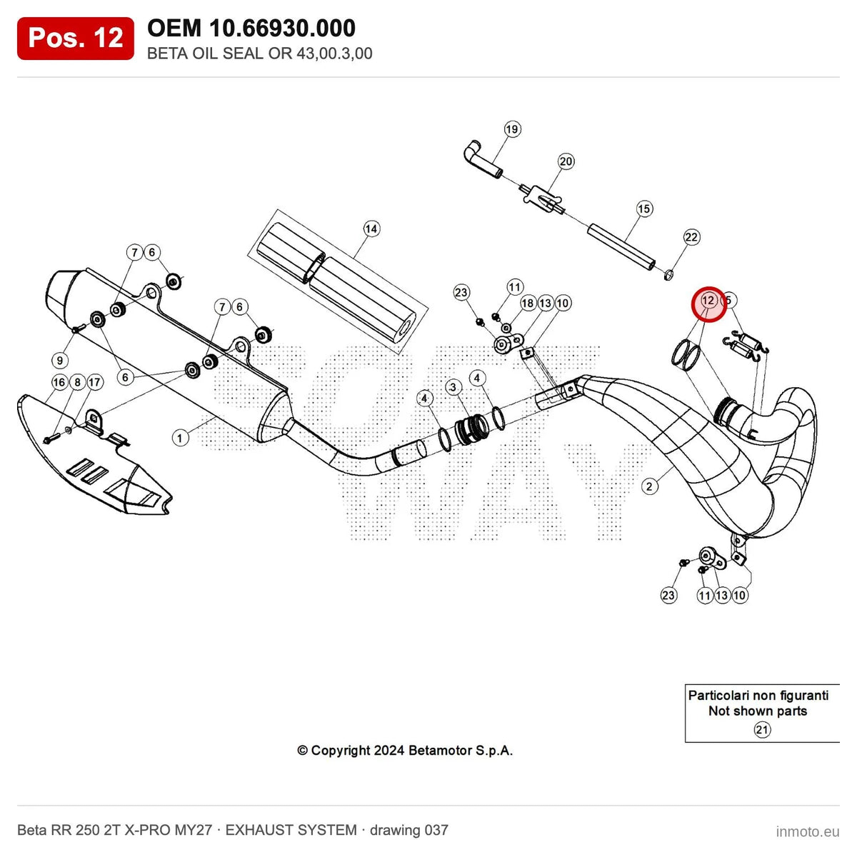 BETA OIL SEAL OR 43,00.3,00 – OEM 10.66930.000, position 12 on the Beta RR 250 2T X-PRO MY27 exhaust system drawing