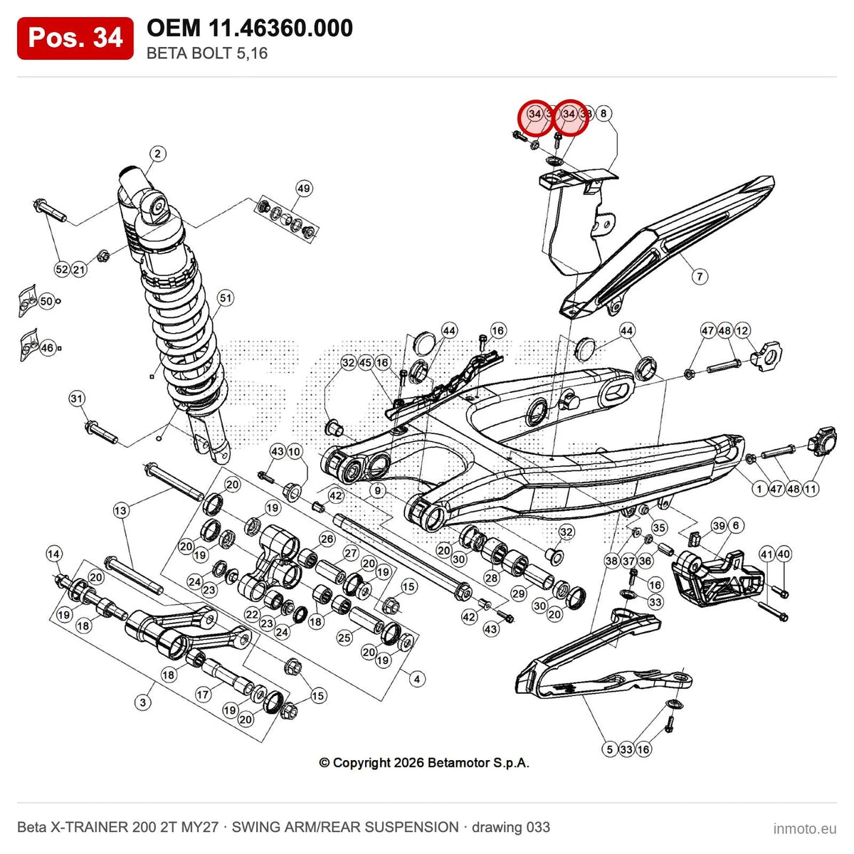 BETA BOLT 5,16 – OEM 11.46360.000, position 34 on the Beta X-TRAINER 200 2T MY27 swing arm/rear suspension drawing