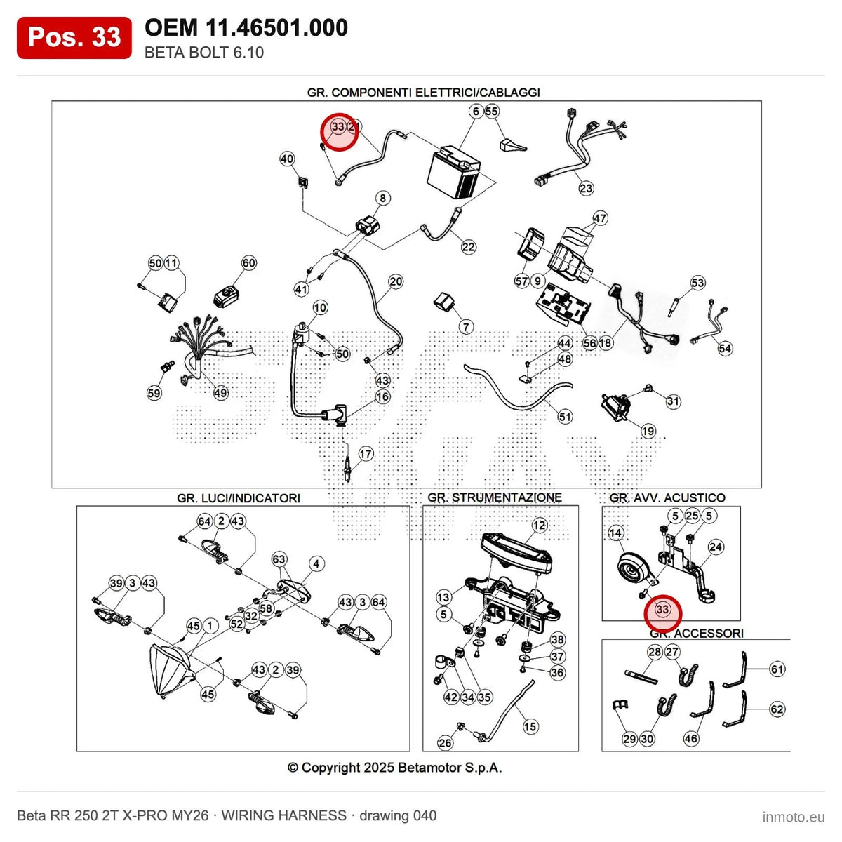 BETA BOLT 6.10 – OEM 11.46501.000, position 33 on the Beta RR 250 2T X-PRO MY26 wiring harness drawing
