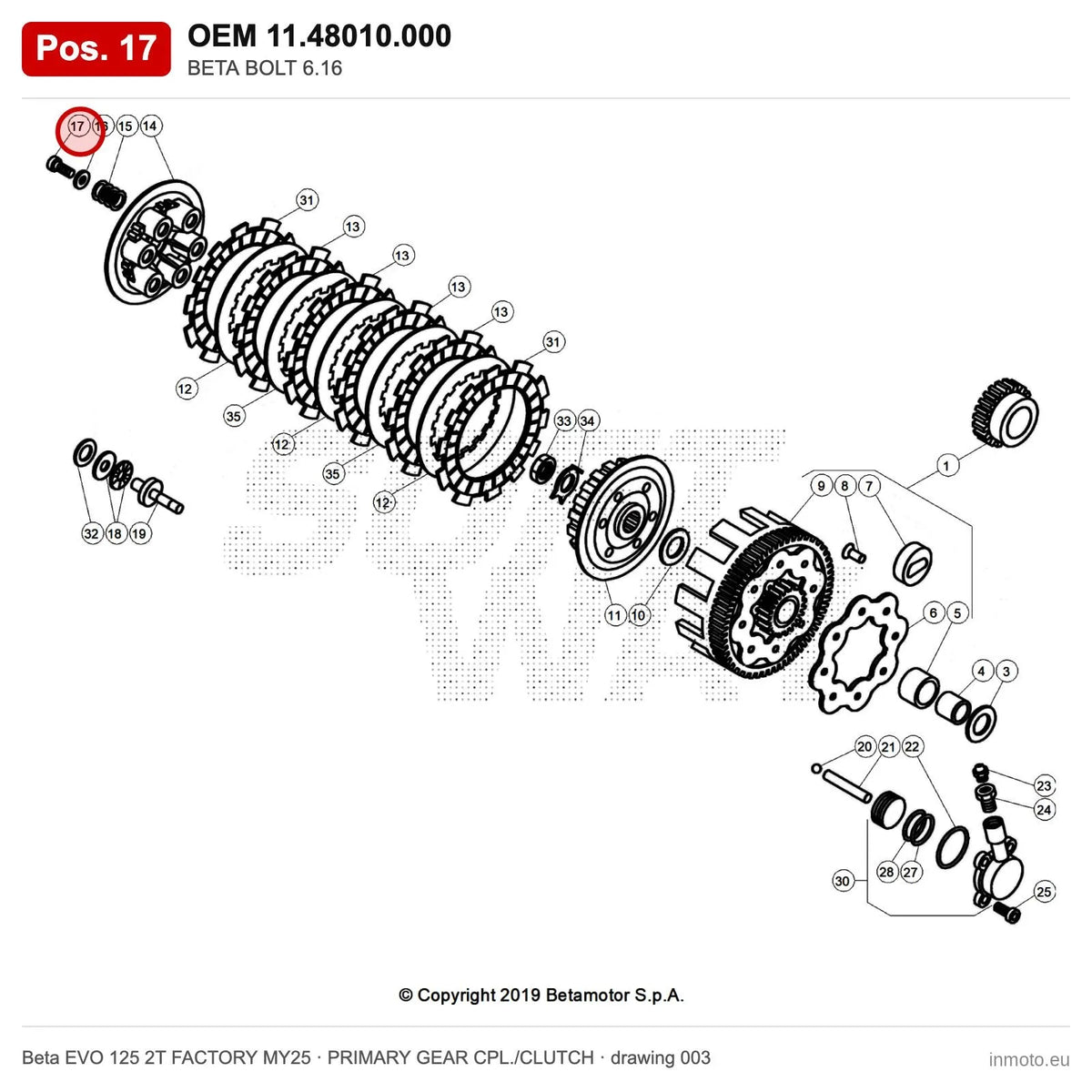 BETA BOLT 6.16 – OEM 11.48010.000, position 17 on the Beta EVO 125 2T FACTORY MY25 primary gear cpl./clutch drawing