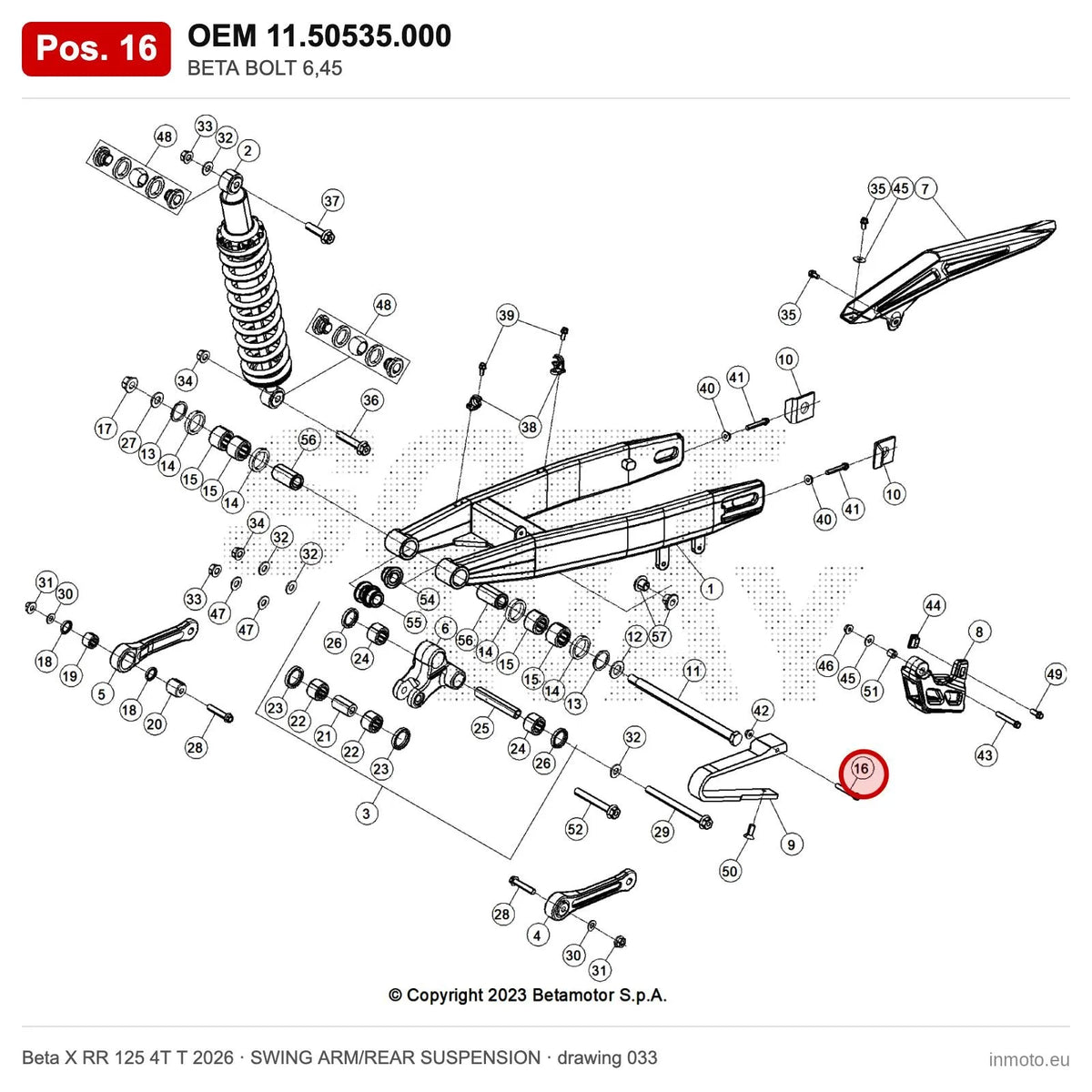 BETA BOLT 6,45 – OEM 11.50535.000, position 16 on the Beta X RR 125 4T T 2026 swing arm/rear suspension drawing