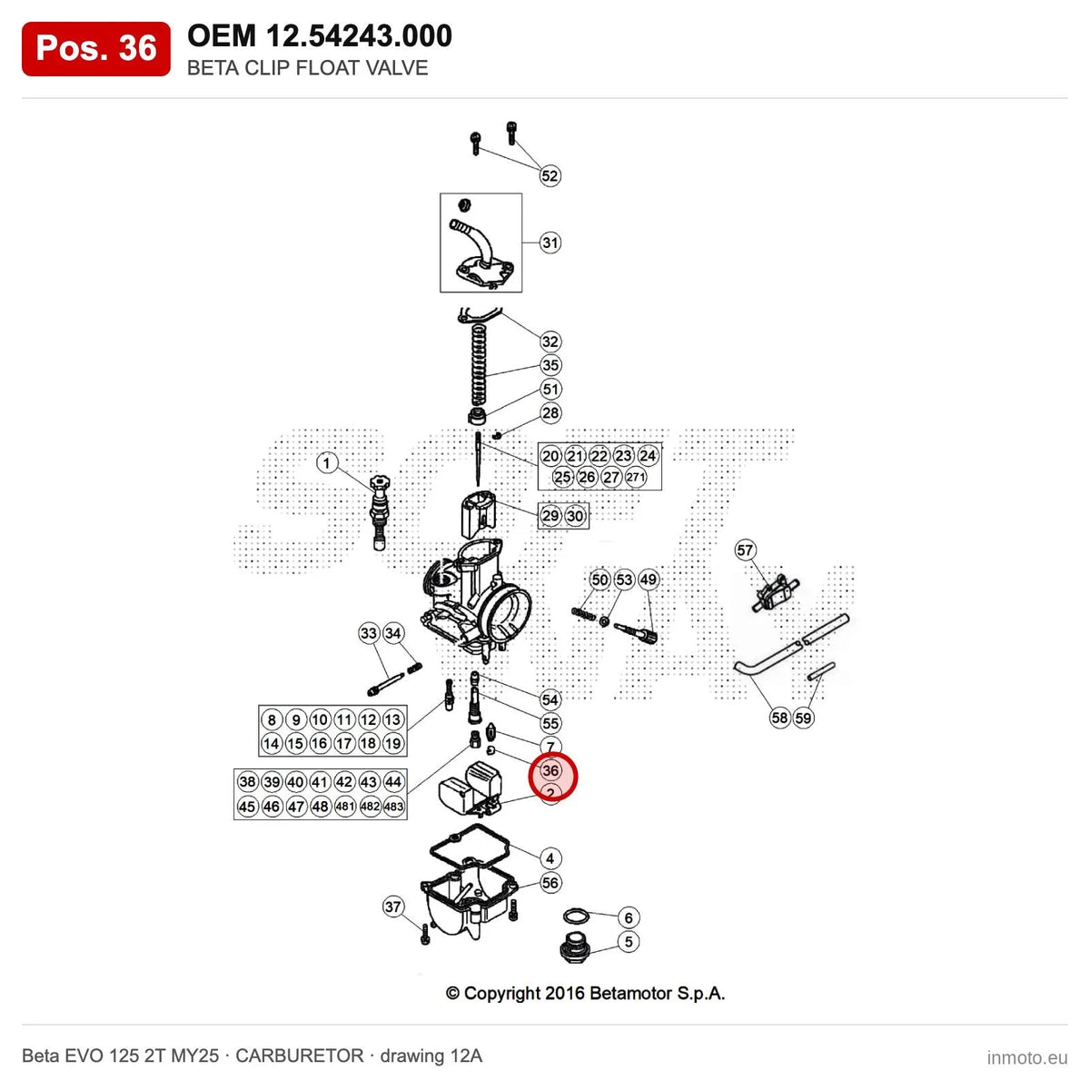BETA CLIP FLOAT VALVE – OEM 12.54243.000, position 36 on the Beta EVO 125 2T MY25 carburetor drawing