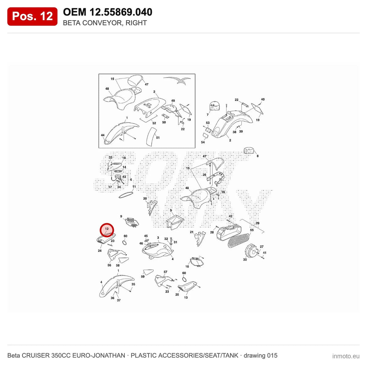 BETA CONVEYOR, RIGHT – OEM 12.55869.040, position 12 on the Beta CRUISER 350CC EURO-JONATHAN plastic accessories/seat/tank drawing