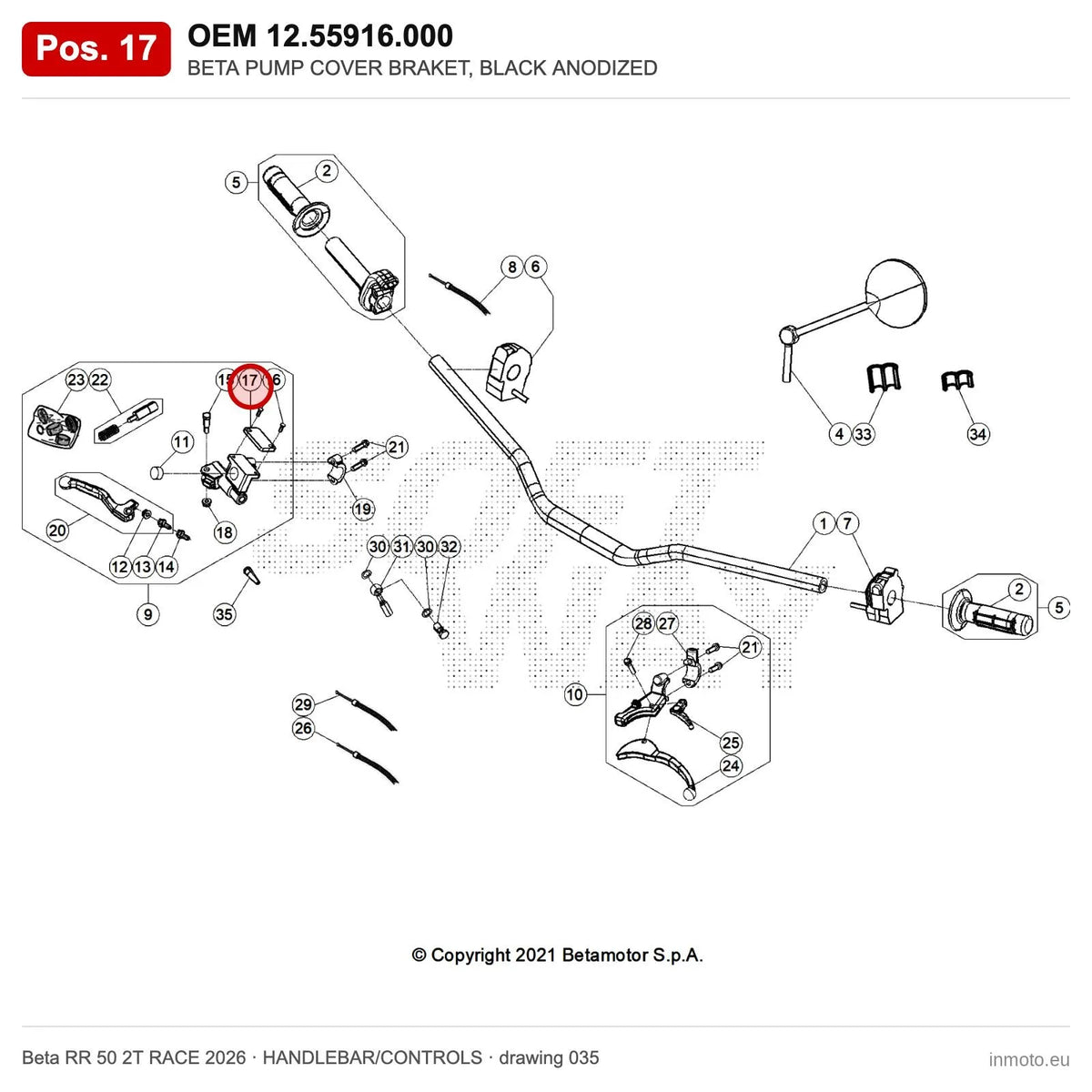 BETA PUMP COVER BRAKET, BLACK ANODIZED – OEM 12.55916.000, position 17 on the Beta RR 50 2T RACE 2026 handlebar/controls drawing