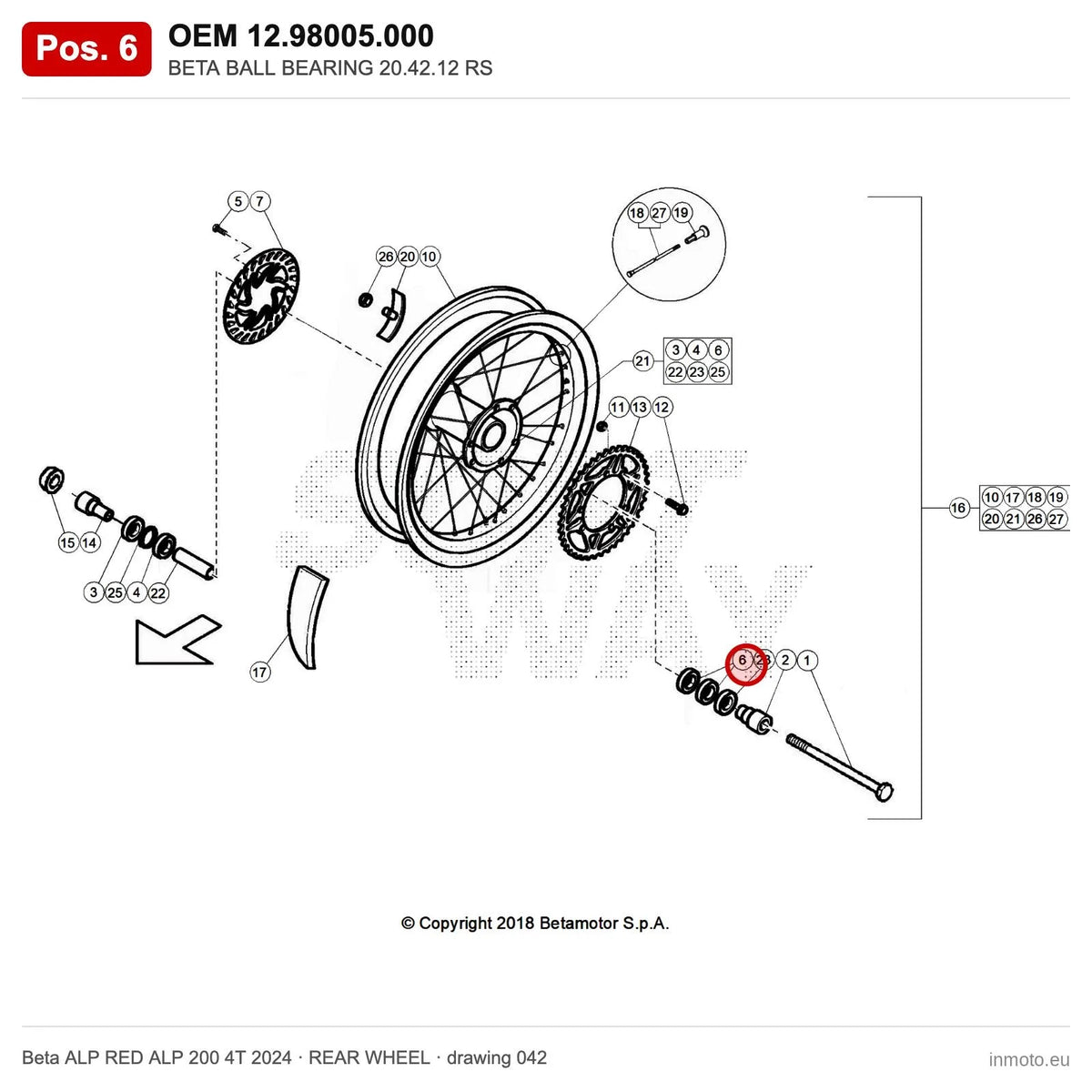 BETA BALL BEARING 20.42.12 RS – OEM 12.98005.000, position 6 on the Beta ALP RED ALP 200 4T 2024 rear wheel drawing