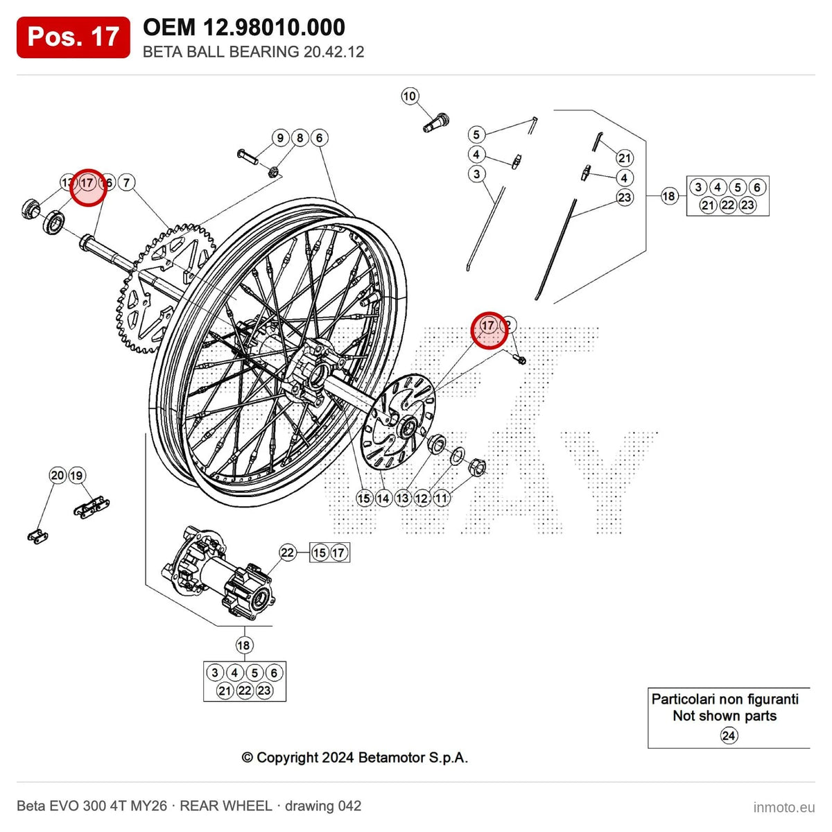 BETA BALL BEARING 20.42.12 – OEM 12.98010.000, position 17 on the Beta EVO 300 4T MY26 rear wheel drawing