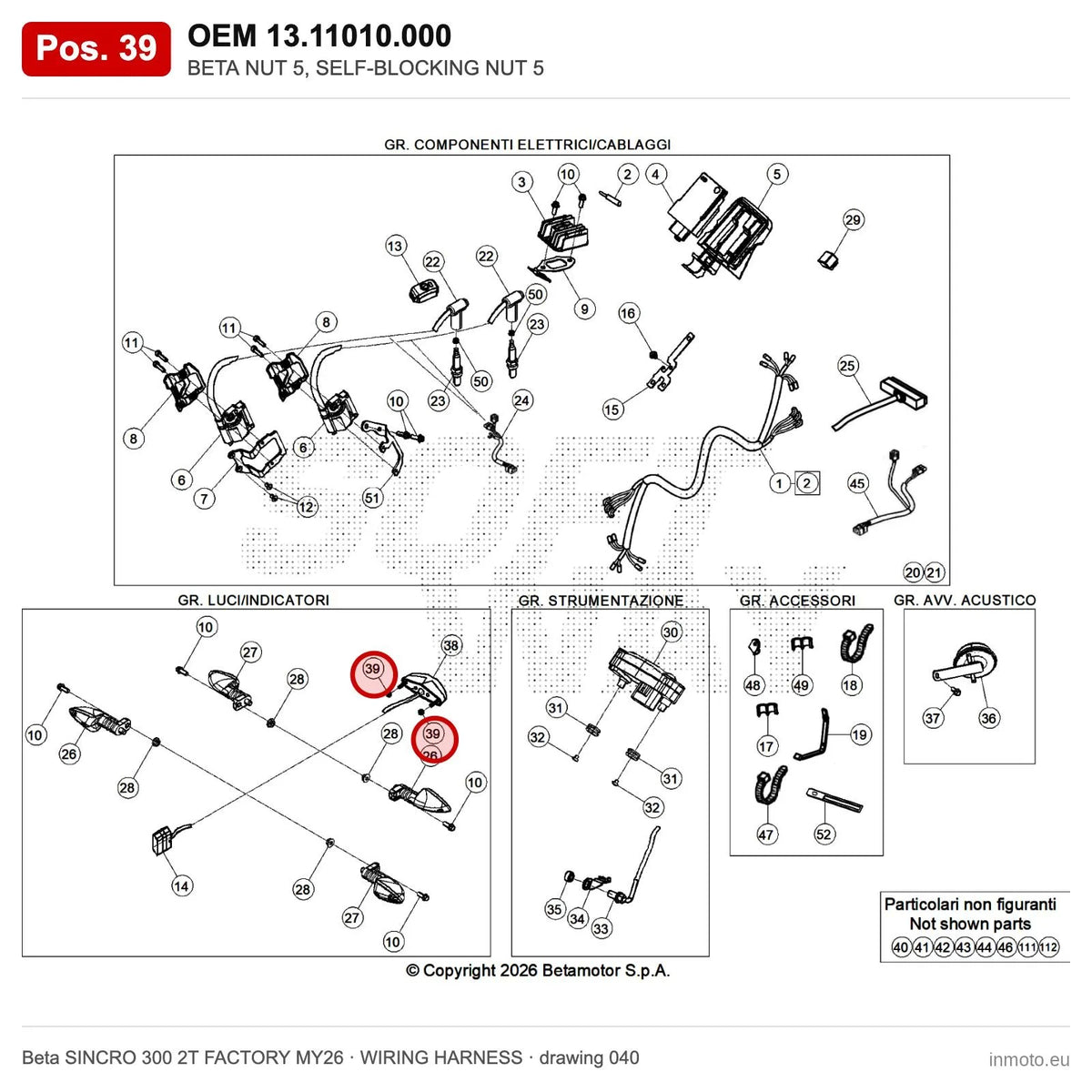 BETA NUT 5, SELF-BLOCKING NUT 5 – OEM 13.11010.000, position 39 on the Beta SINCRO 300 2T FACTORY MY26 wiring harness drawing