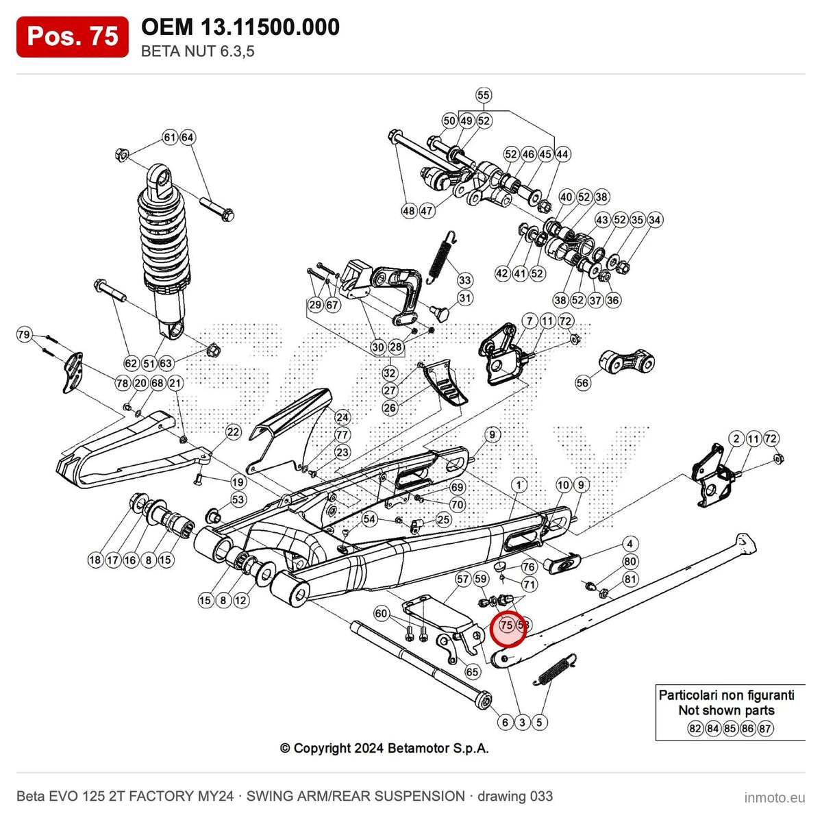 BETA NUT 6.3,5 – OEM 13.11500.000, position 75 on the Beta EVO 125 2T FACTORY MY24 swing arm/rear suspension drawing