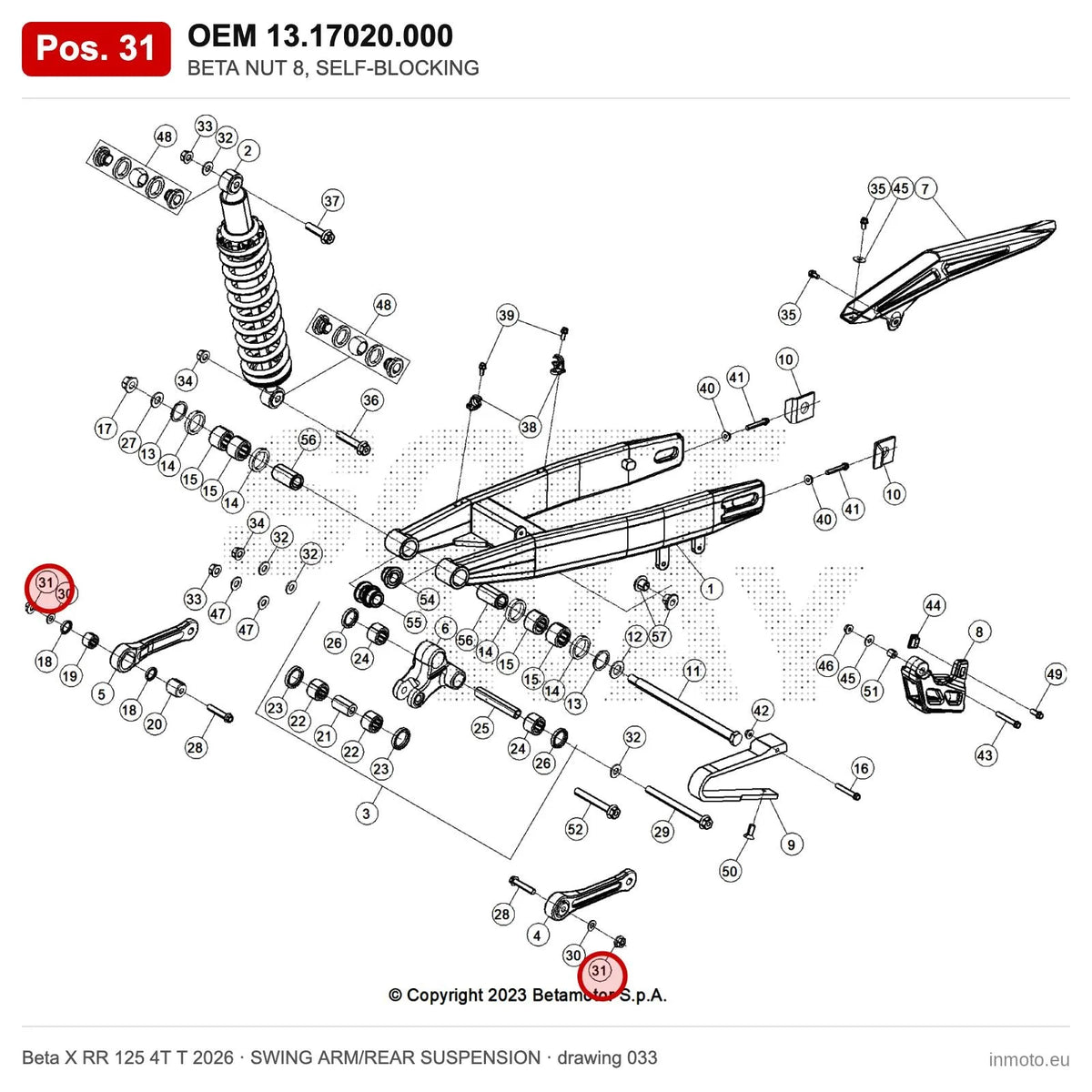 BETA NUT 8, SELF-BLOCKING – OEM 13.17020.000, position 31 on the Beta X RR 125 4T T 2026 swing arm/rear suspension drawing