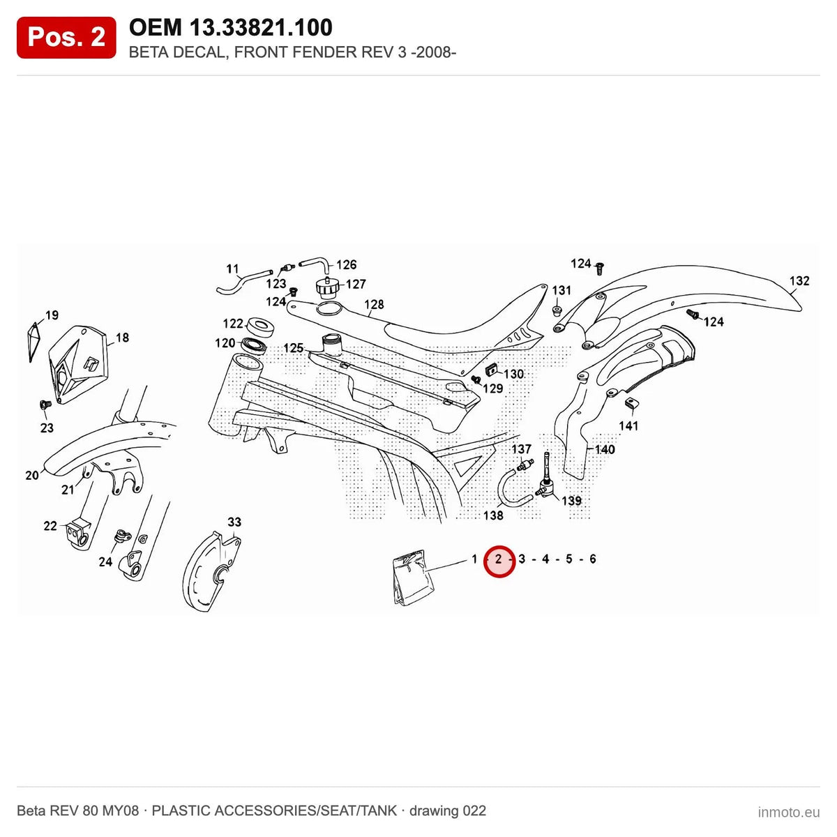 BETA DECAL, FRONT FENDER REV 3 -2008- – OEM 13.33821.100, position 2 on the Beta REV 80 MY08 plastic accessories/seat/tank drawing