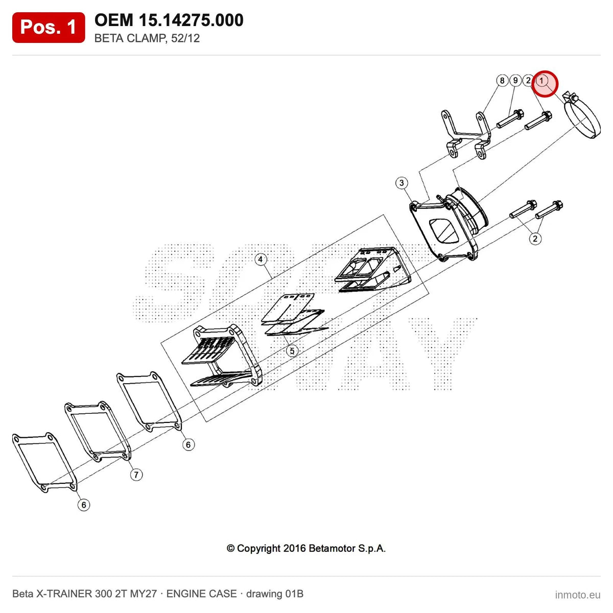 BETA CLAMP, 52/12 – OEM 15.14275.000, position 1 on the Beta X-TRAINER 300 2T MY27 engine case drawing