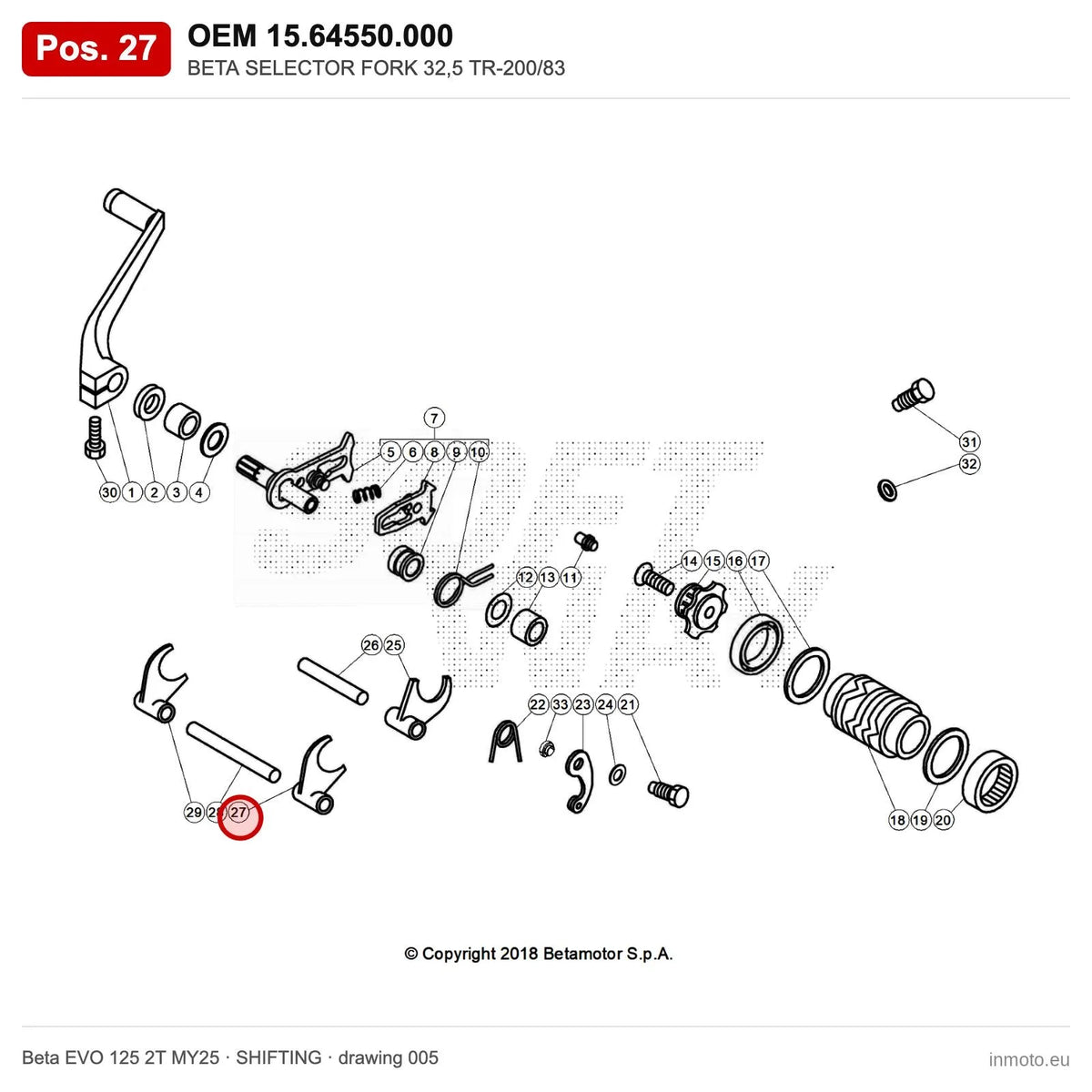 BETA SELECTOR FORK 32,5 TR-200/83 – OEM 15.64550.000, position 27 on the Beta EVO 125 2T MY25 shifting drawing