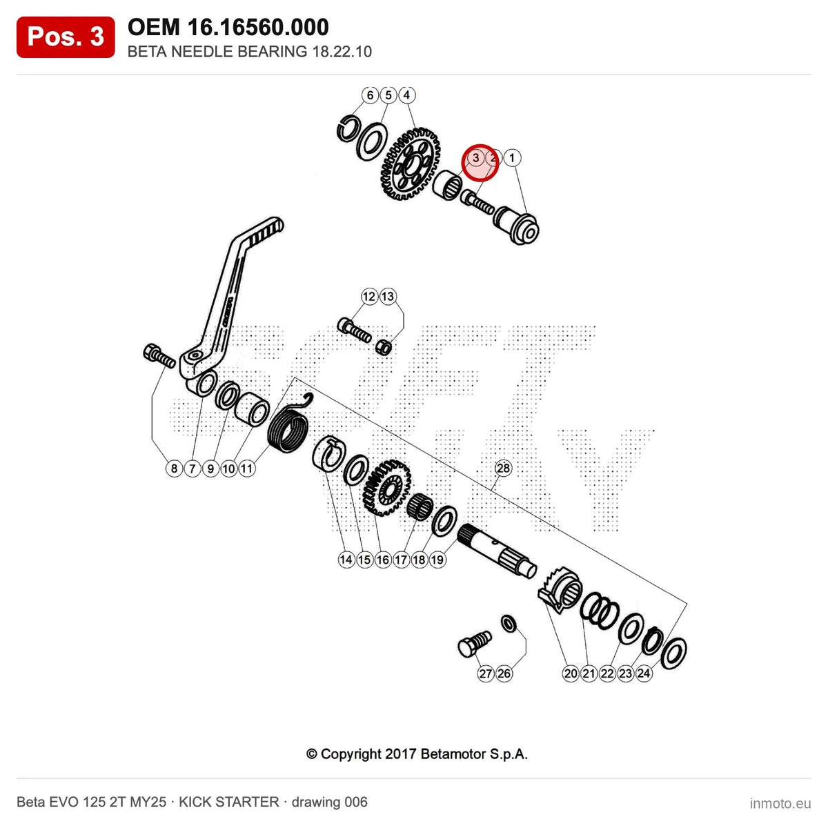 BETA NEEDLE BEARING 18.22.10 – OEM 16.16560.000, position 3 on the Beta EVO 125 2T MY25 kick starter drawing