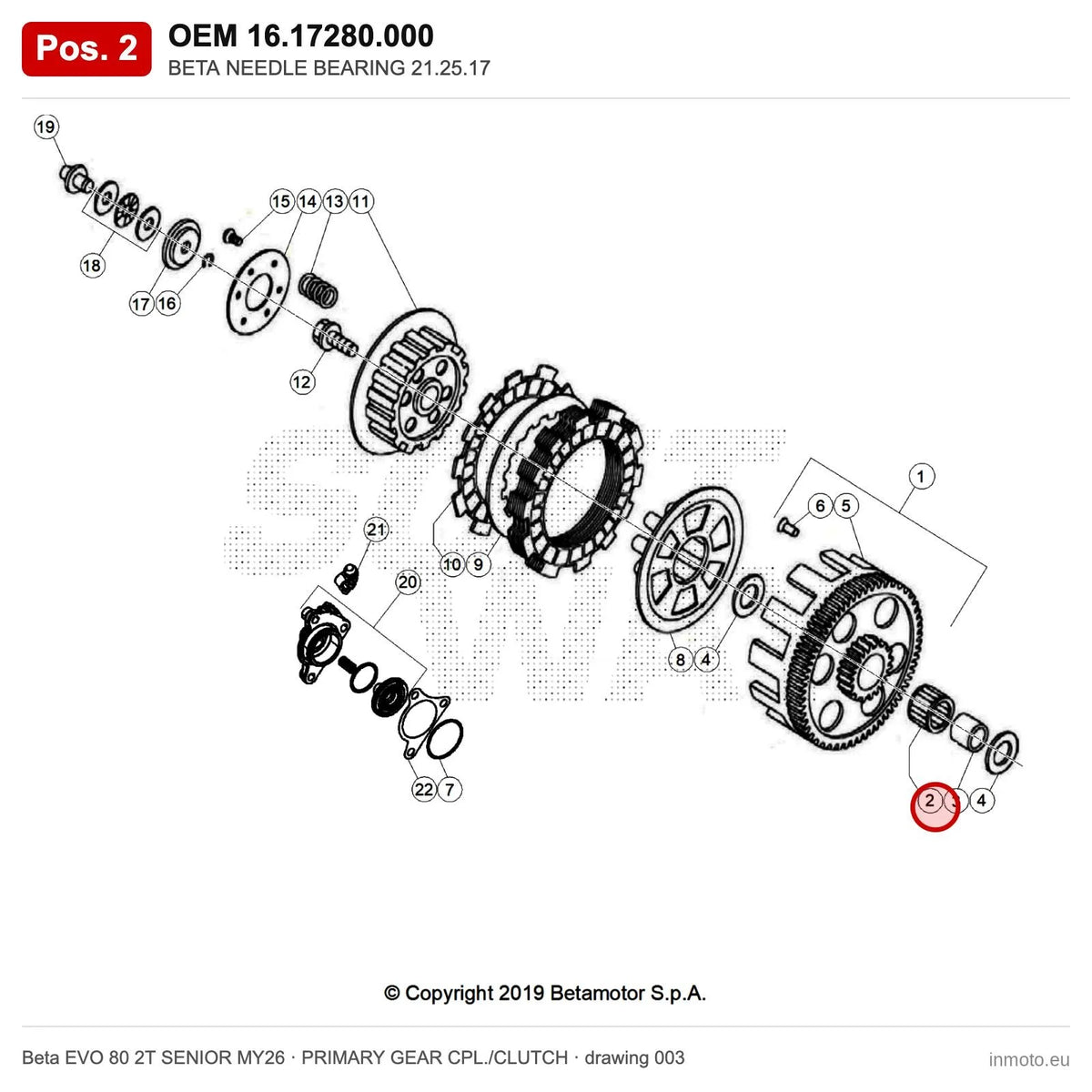 BETA NEEDLE BEARING 21.25.17 – OEM 16.17280.000, position 2 on the Beta EVO 80 2T SENIOR MY26 primary gear cpl./clutch drawing