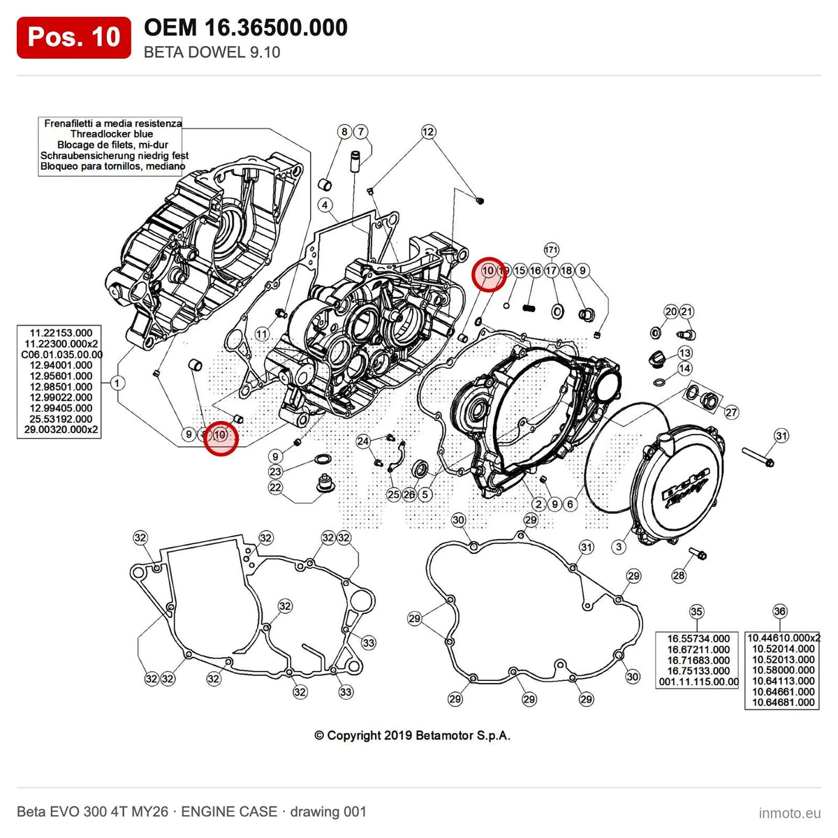 BETA DOWEL 9.10 – OEM 16.36500.000, position 10 on the Beta EVO 300 4T MY26 engine case drawing