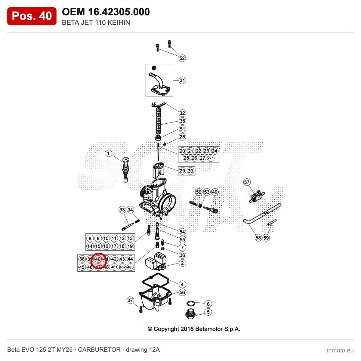 BETA JET 110 KEIHIN – OEM 16.42305.000, position 40 on the Beta EVO 125 2T MY25 carburetor drawing