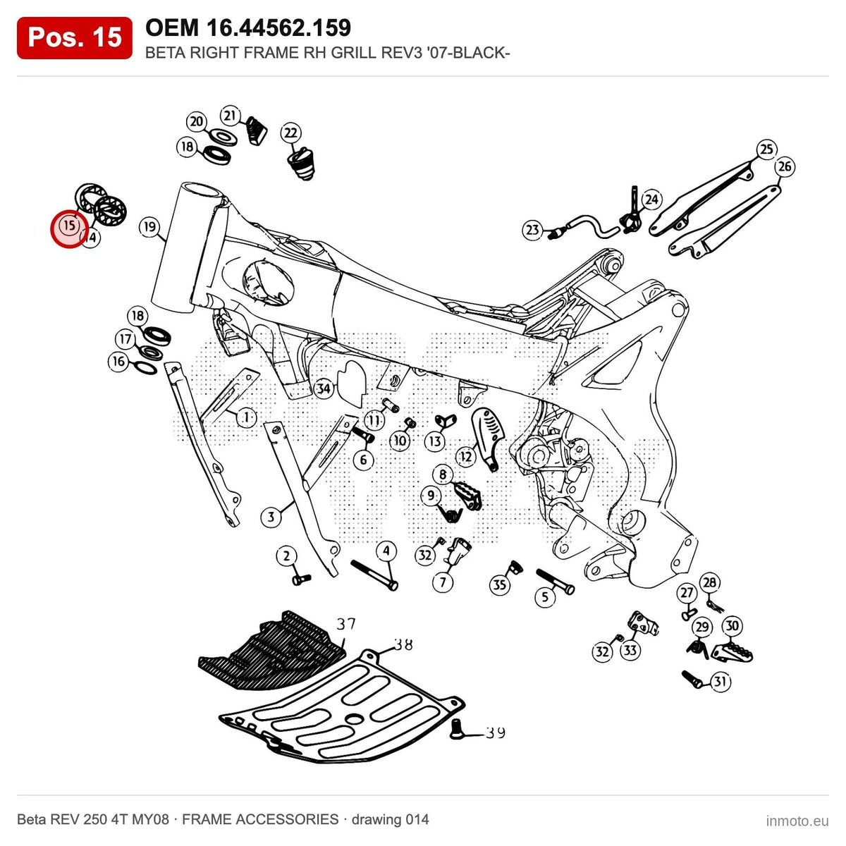 BETA RIGHT FRAME RH GRILL REV3 '07-BLACK- – OEM 16.44562.159, position 15 on the Beta REV 250 4T MY08 frame accessories drawing
