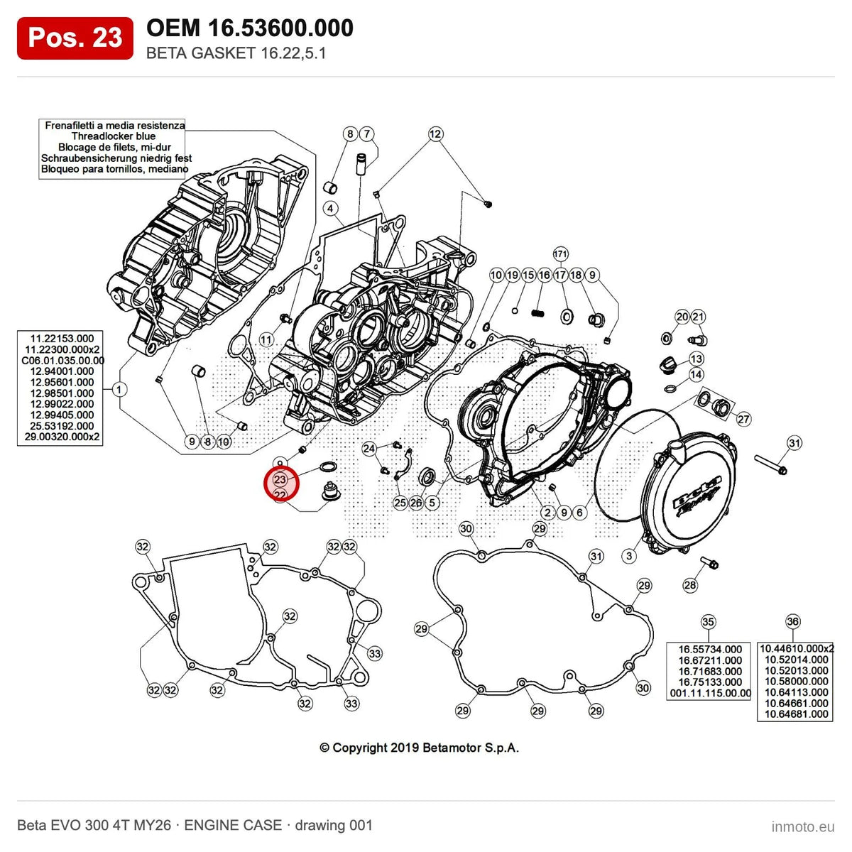 BETA GASKET 16.22,5.1 – OEM 16.53600.000, position 23 on the Beta EVO 300 4T MY26 engine case drawing