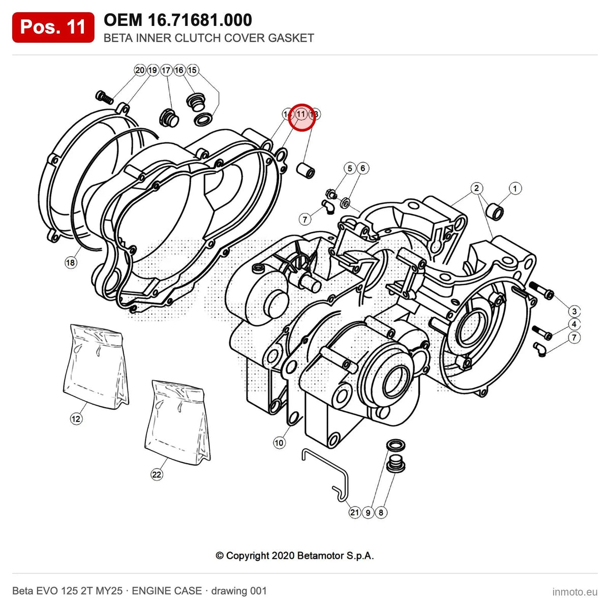BETA INNER CLUTCH COVER GASKET – OEM 16.71681.000, position 11 on the Beta EVO 125 2T MY25 engine case drawing