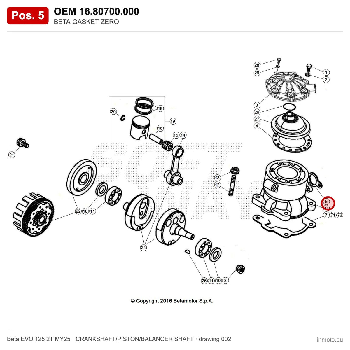 BETA GASKET ZERO – OEM 16.80700.000, position 5 on the Beta EVO 125 2T MY25 crankshaft/piston/balancer shaft drawing