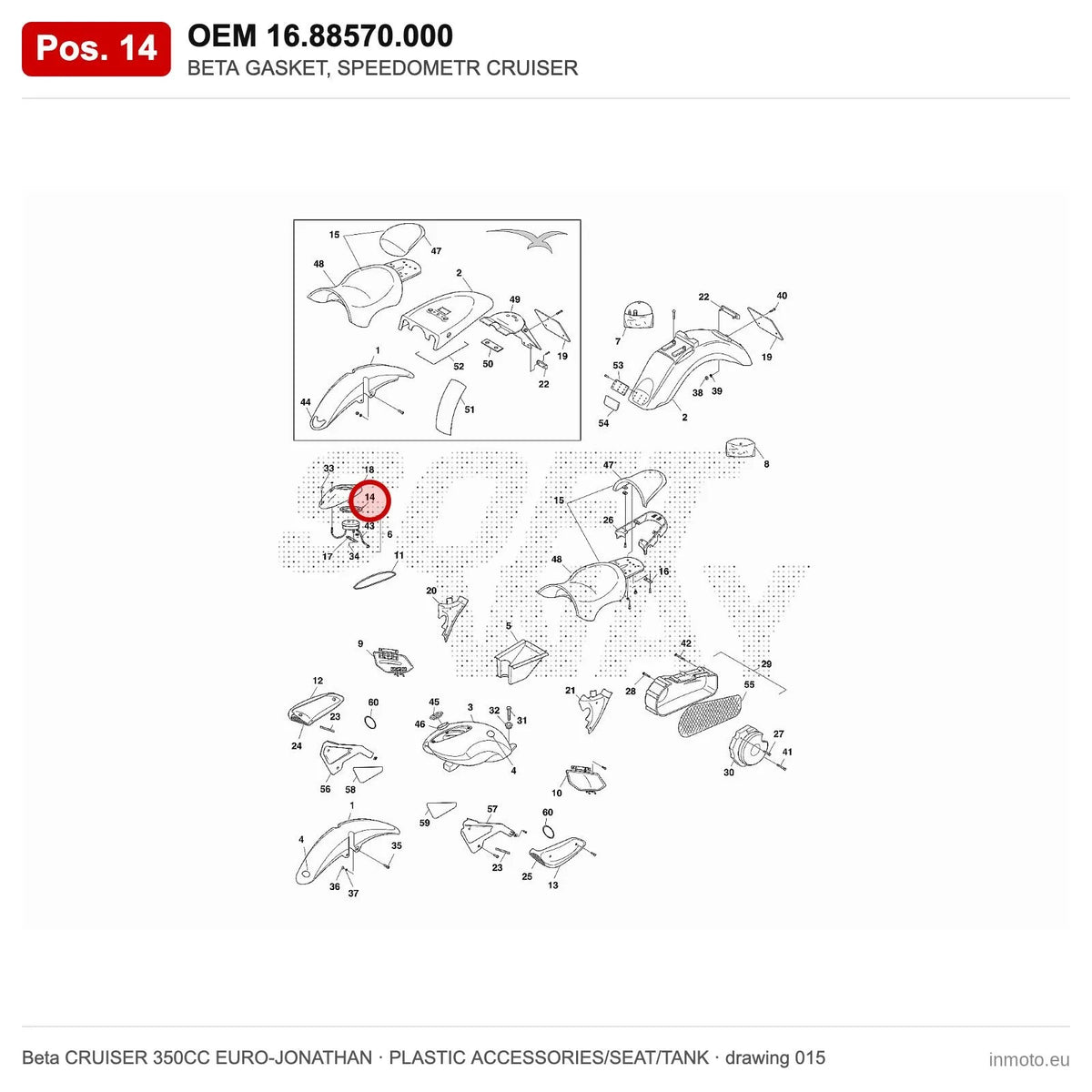 BETA GASKET, SPEEDOMETR CRUISER – OEM 16.88570.000, position 14 on the Beta CRUISER 350CC EURO-JONATHAN plastic accessories/seat/tank drawing