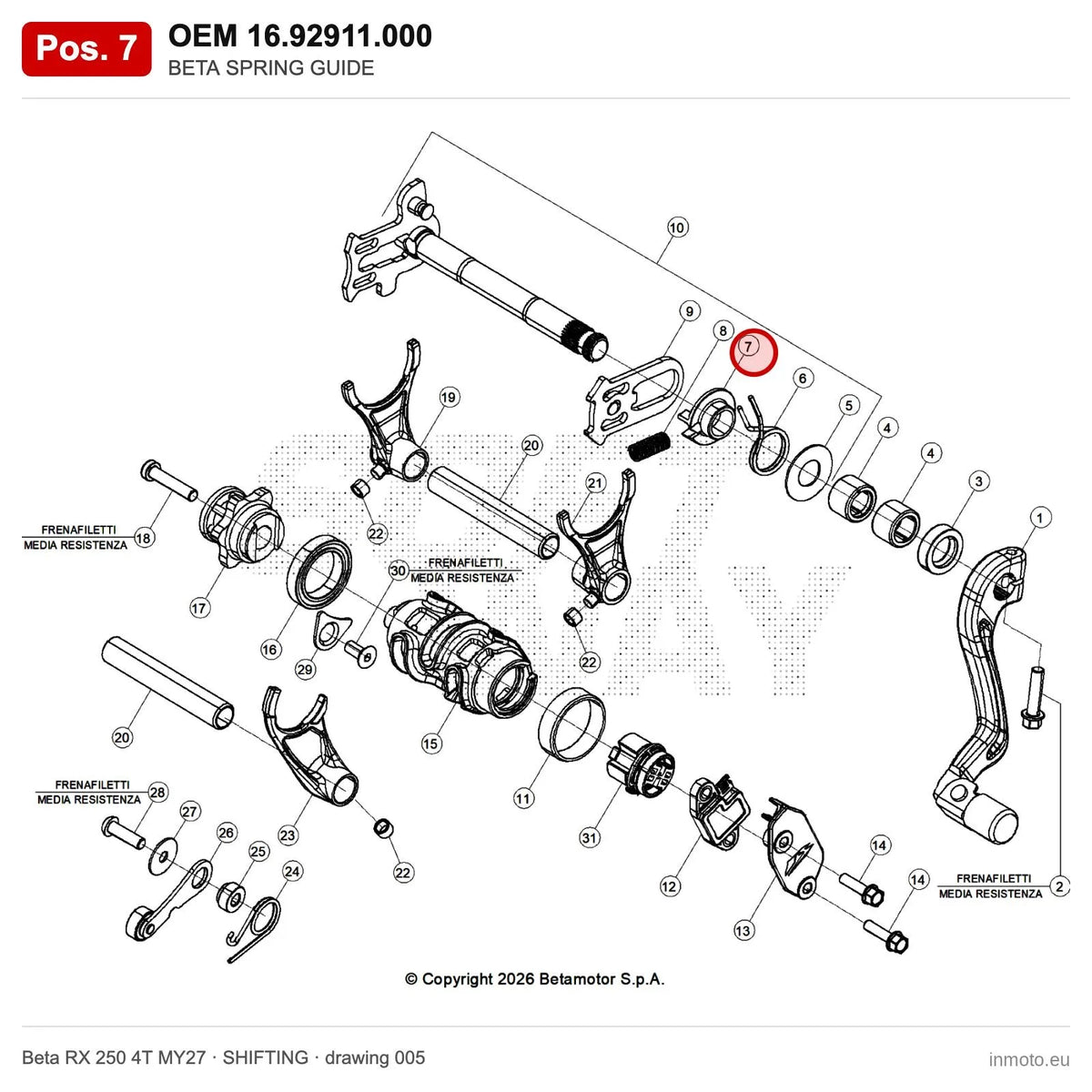BETA SPRING GUIDE – OEM 16.92911.000, position 7 on the Beta RX 250 4T MY27 shifting drawing